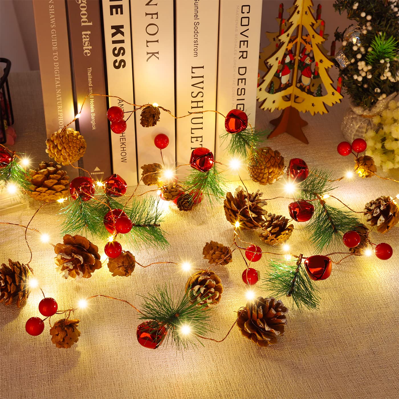 KITCADA Christmas Garland with String Lights 10 Ft 30 LED Pine Cone Red Berry Bells Garland Lights, Indoor Christmas Decorations