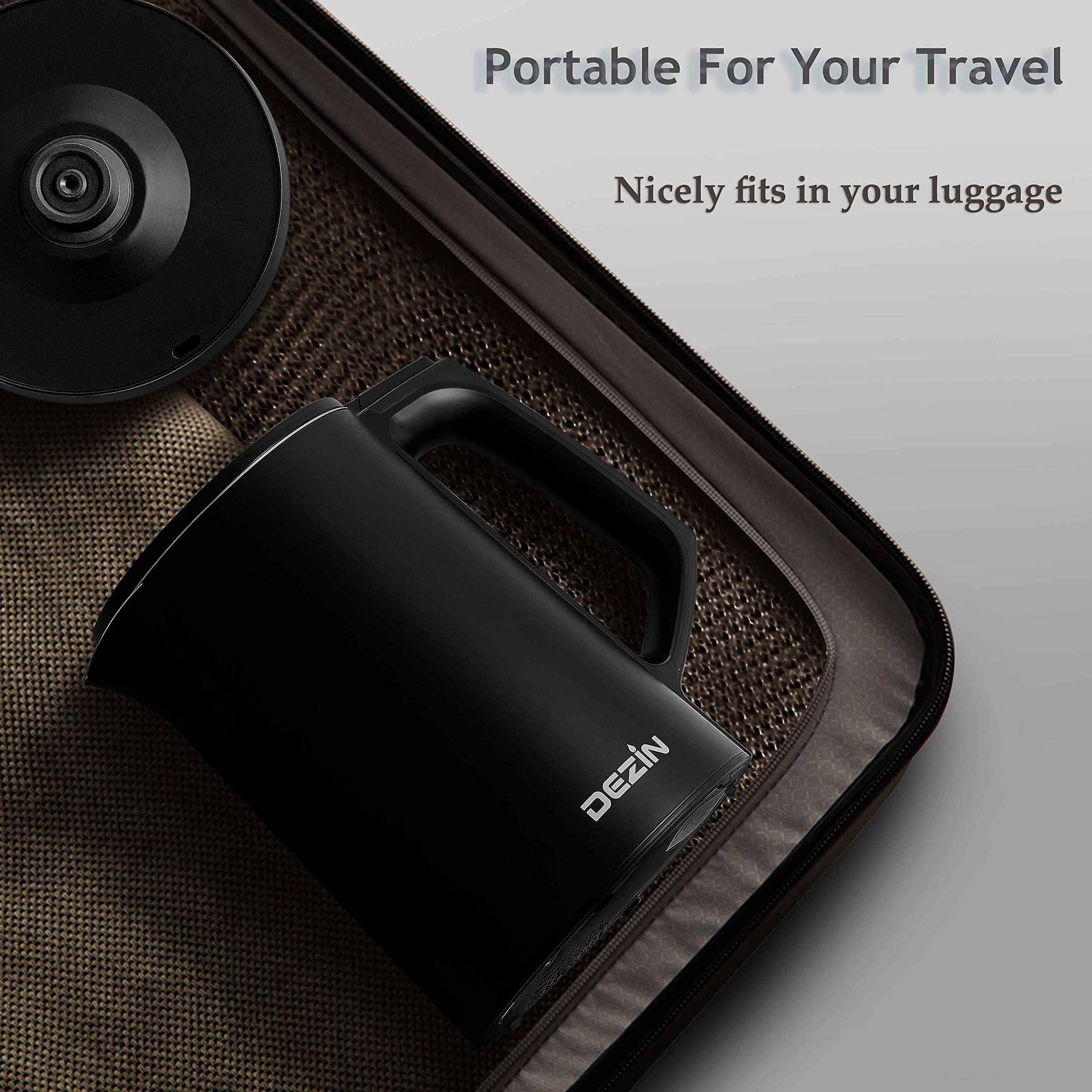 Dezin Electric Kettle, 0.8L Portable Travel Kettle With Double Wall Construction, 304 Stainless Steel Electric Tea Kettle For Bu