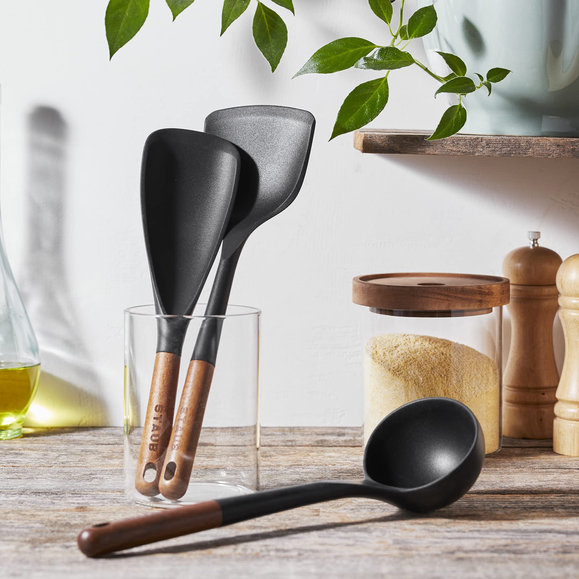 Staub Silicone With Wood Handle Cooking Utensil Set, Matte Black, 3-Pc