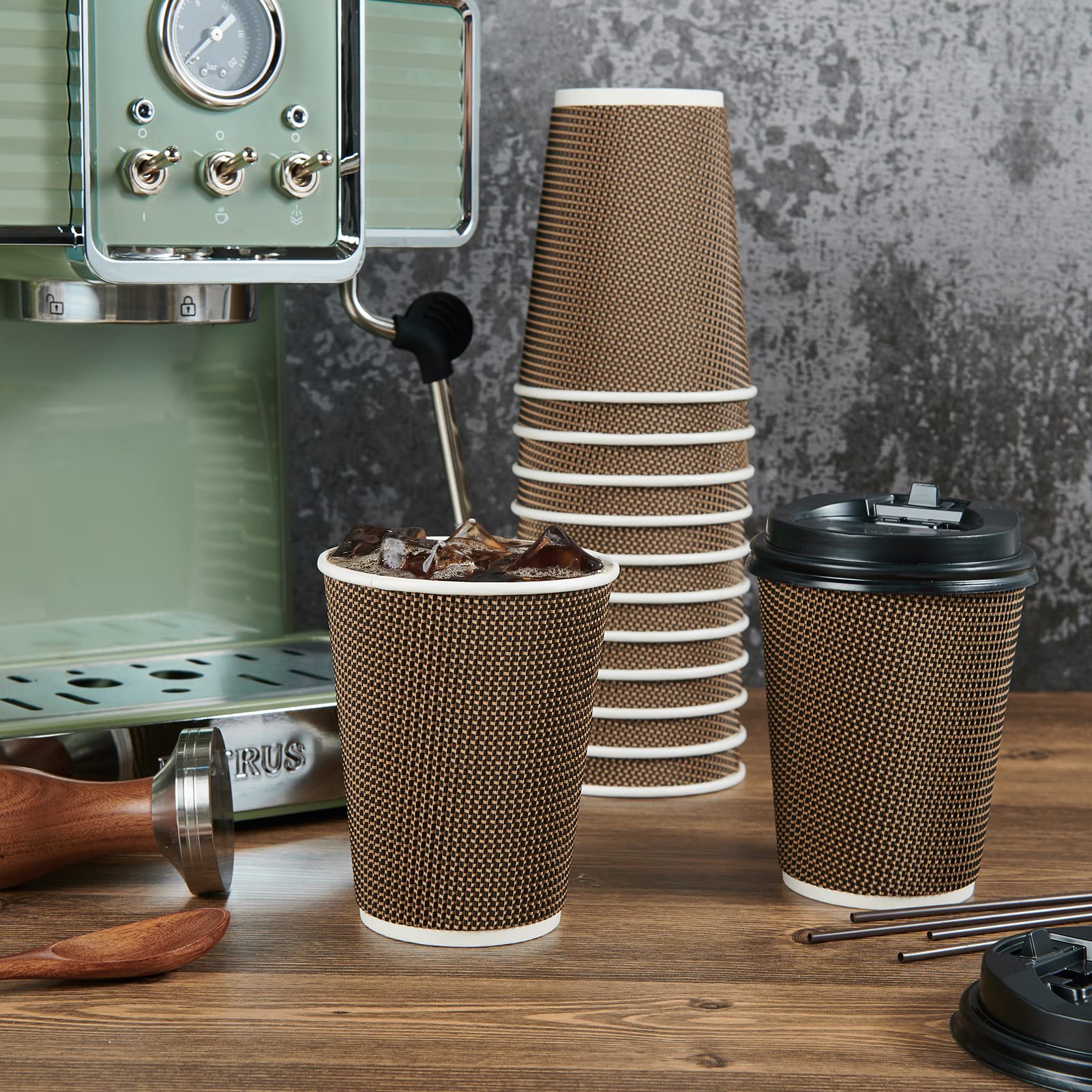 80 Pack 12oz Paper Coffee Cups  Insulated Ripple Wall Paper Coffee Cups with Lid and Straws  Three Layer Insulated Hot Beverage Cups  for Cold/Hot Drinks  Coffee Cups for Parties  Picnic  and Travel.