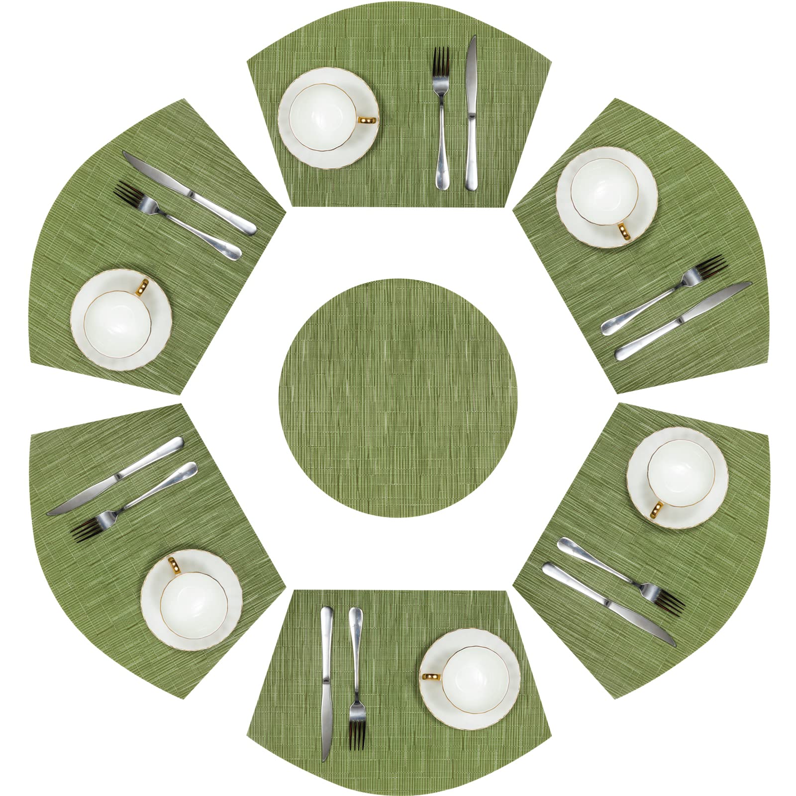 Shacos Round Table Placemats Set Of 7 Wedge Placemat With Centerpiece Round Mat Heat Resistant Table Mats Wipe Clean (7, Green)