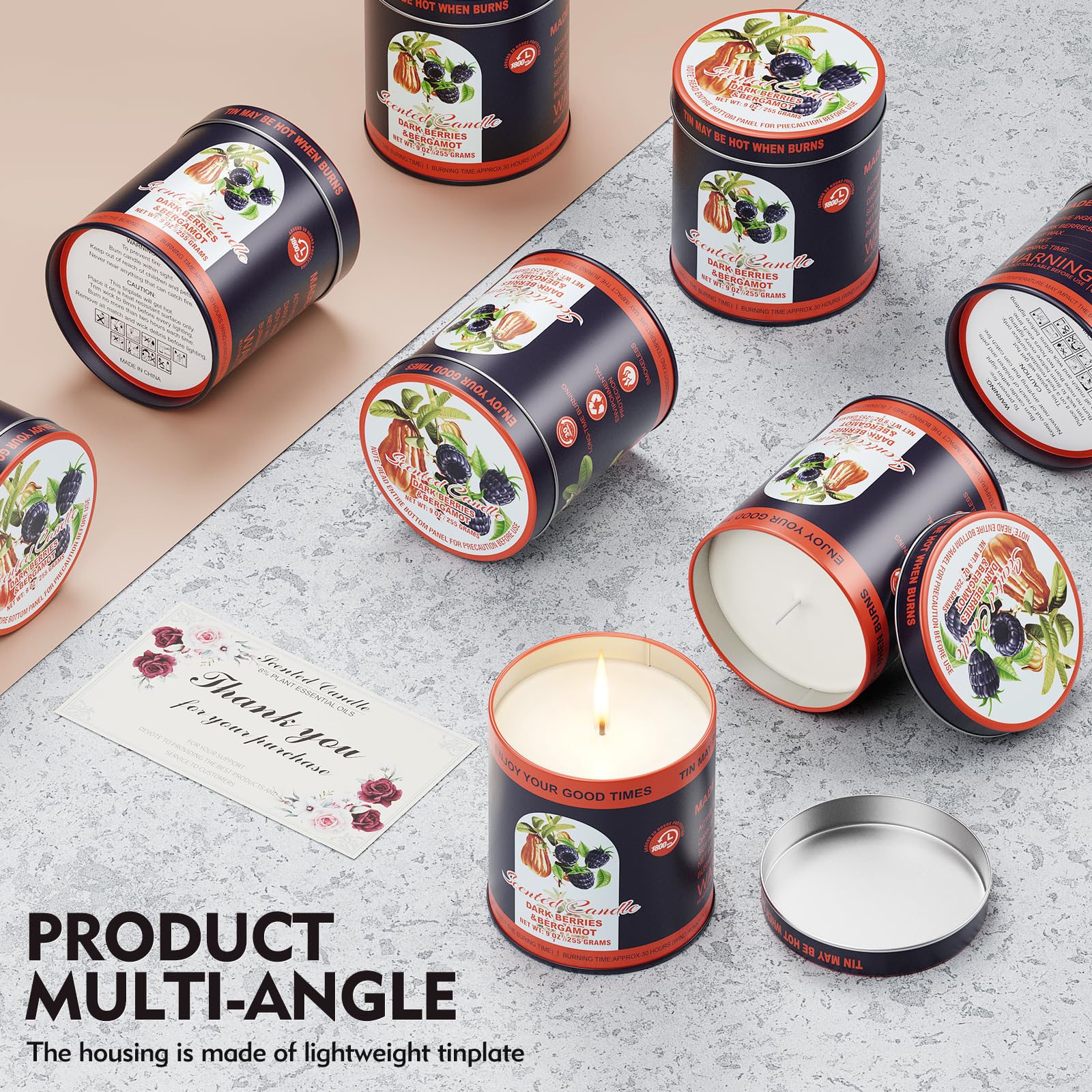 2 Pack Scented Candles (90 Total Burn Hours) - Soy Wax Candles 9 oz Each in Tin - Long Lasting Aromatherapy Candle Gift Set (Dar