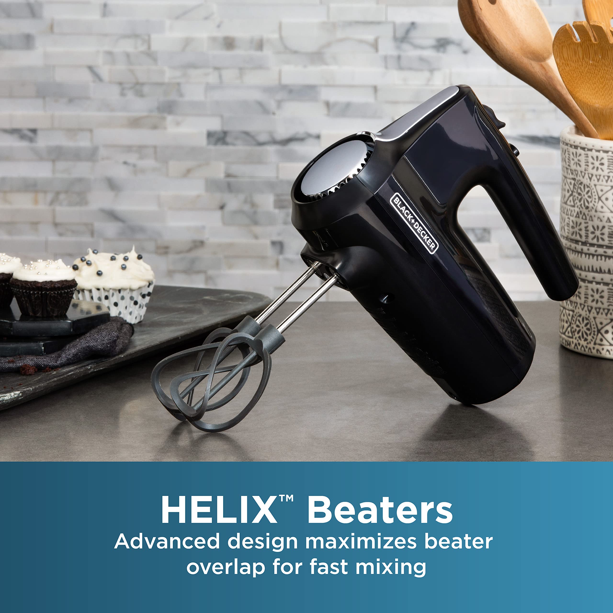 Black+Decker 5 Speed Electric Hand Held Mixer, Helix Beaters, Whisk, And Dough Hook Attachments, Turbo Boost, Snap-On Storage Ca