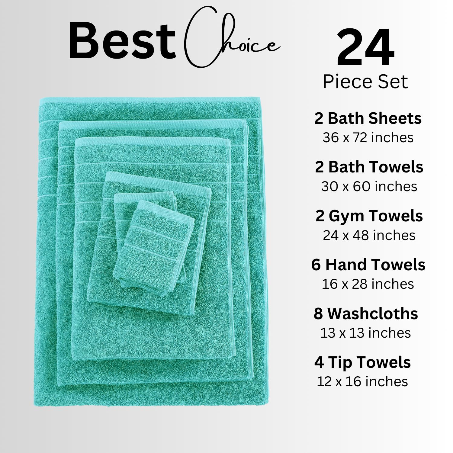 Casa Platino 24 Piece 100% Cotton Towels Set, 2 Bath Sheets, 2 Large Bath Towels (30'' X 60''), 2 Gym Towels (24'' X 48''), 6 Ha