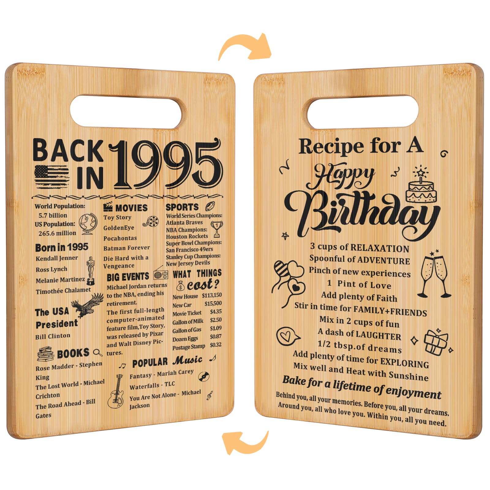 30th Birthday Gifts for Women Men,Back In 1995&Recipe for A Happy Birthday Double sided Cutting Board present for Her Him,30th B