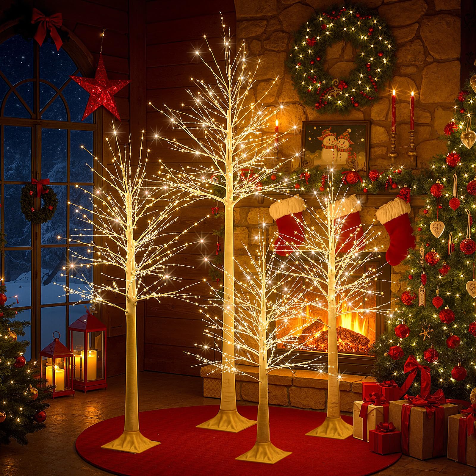 Baquler 4 Pack Lighted Birch Tree - 4 5 6 8 Large Christmas Warm-White LED 8 Mode Light Birch Tree Decoration Set for Thanks