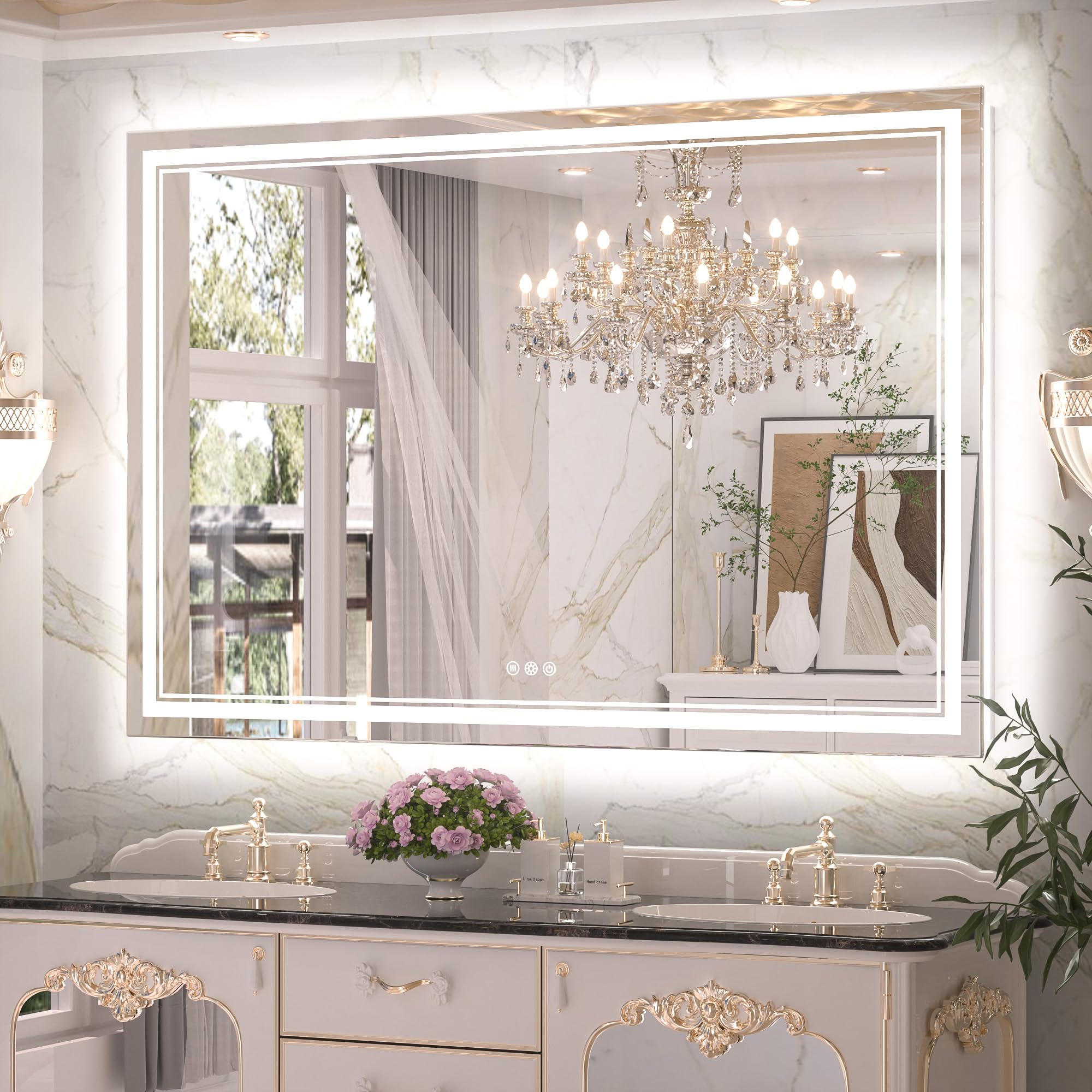 Keonjinn Led Bathroom Mirror 60'' X 40'' With Frontlit And Backlight, Large Stepless 3 Colors Temperature & Dimmable Vanity Mirr