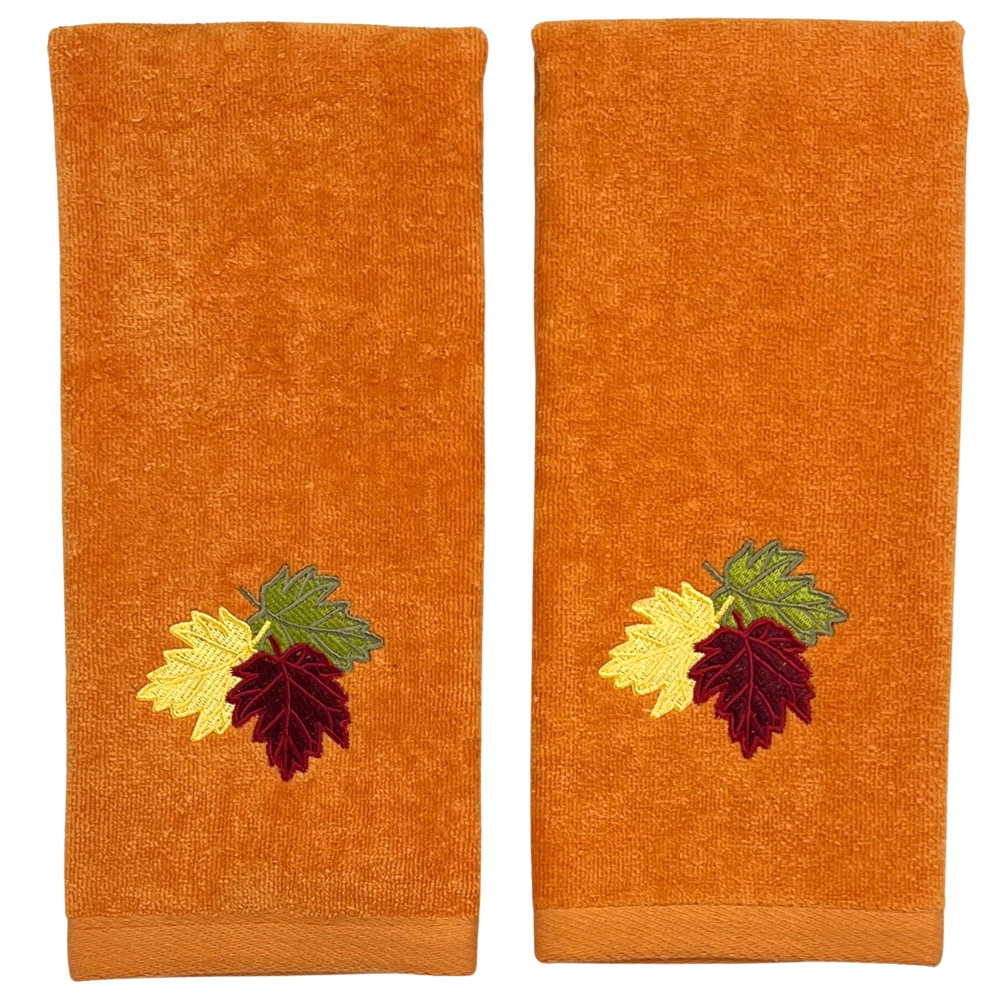 Serafina Home Decor Farmhouse Fall Hand Towels: Terracotta Rust Cotton Towels With Autumn Leaves Of Burgundy Green And Yellow Ha