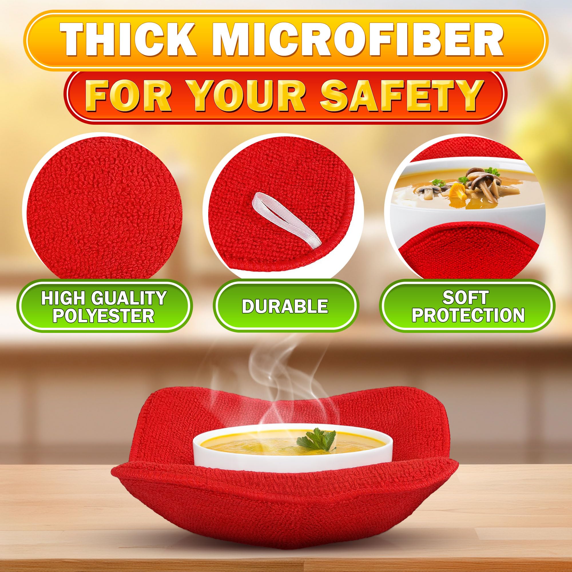LIBERHAUS Microwave Bowl Holder Set - 2 Pcs Red Cozy, Durable Heat-Resistant Microfiber, 7.5"×7.5" for Hot Dishes
