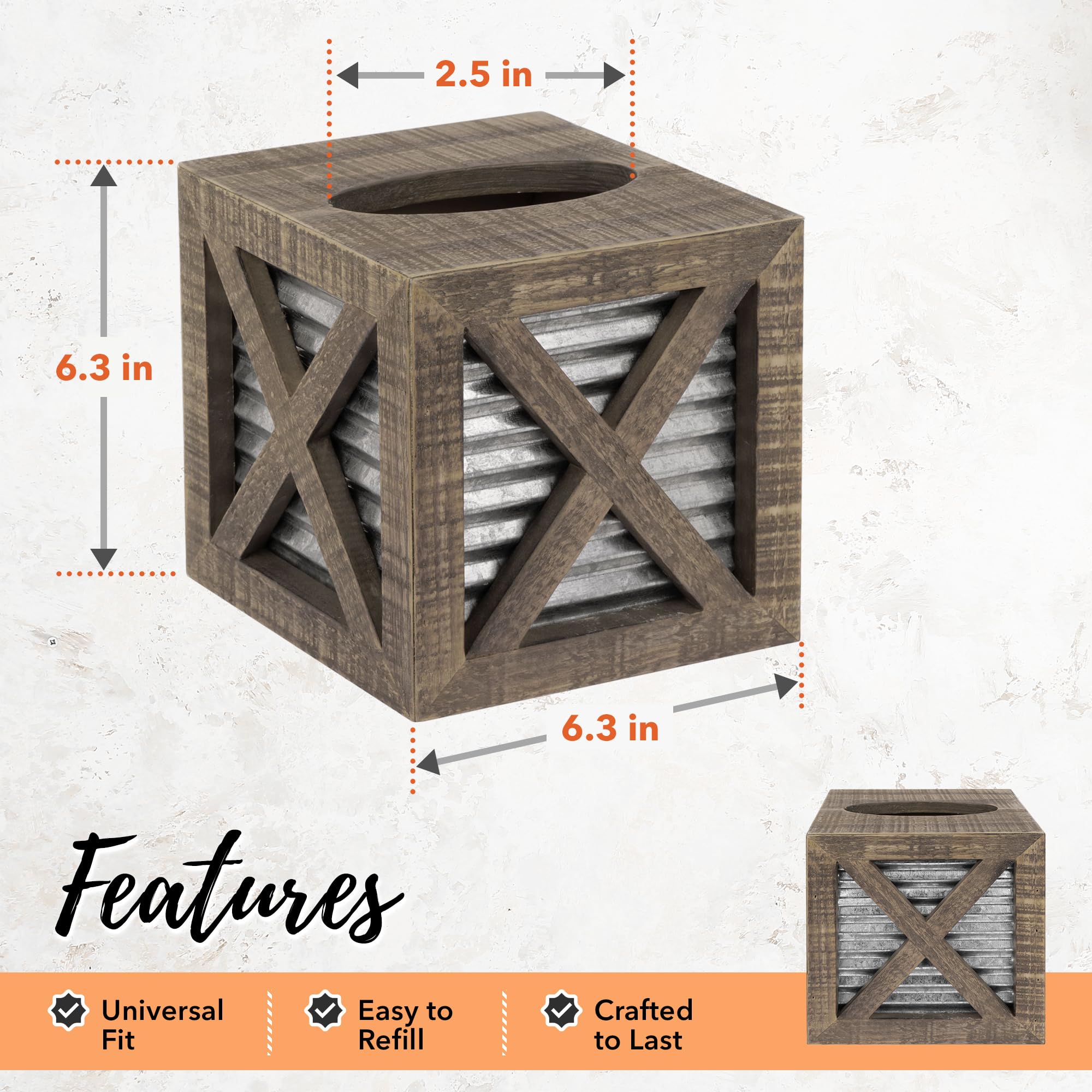 Autumn Alley Barn Door Rustic Square Tissue Box Cover  Farmhouse Bathroom Accessories  Rustic Bathroom D?cor Tissue Holder  Wood Tissue Box Cover with Galvanized Decor