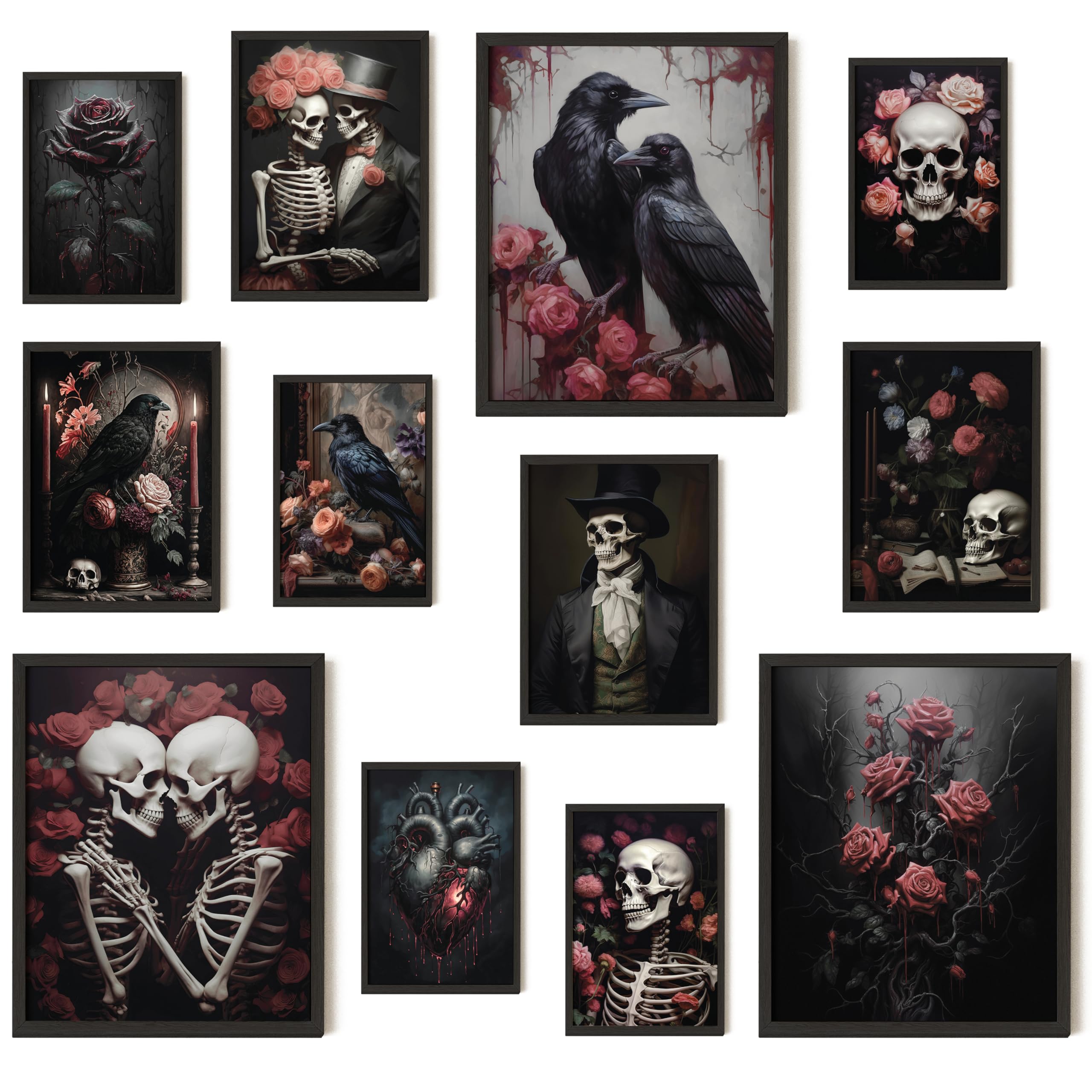 97 Decor Romantic Gothic Wall Art - Goth Wall Decor, Floral Gothic Decor For Bedroom, Goth Wall Art Prints, Dark Raven Skull Pos
