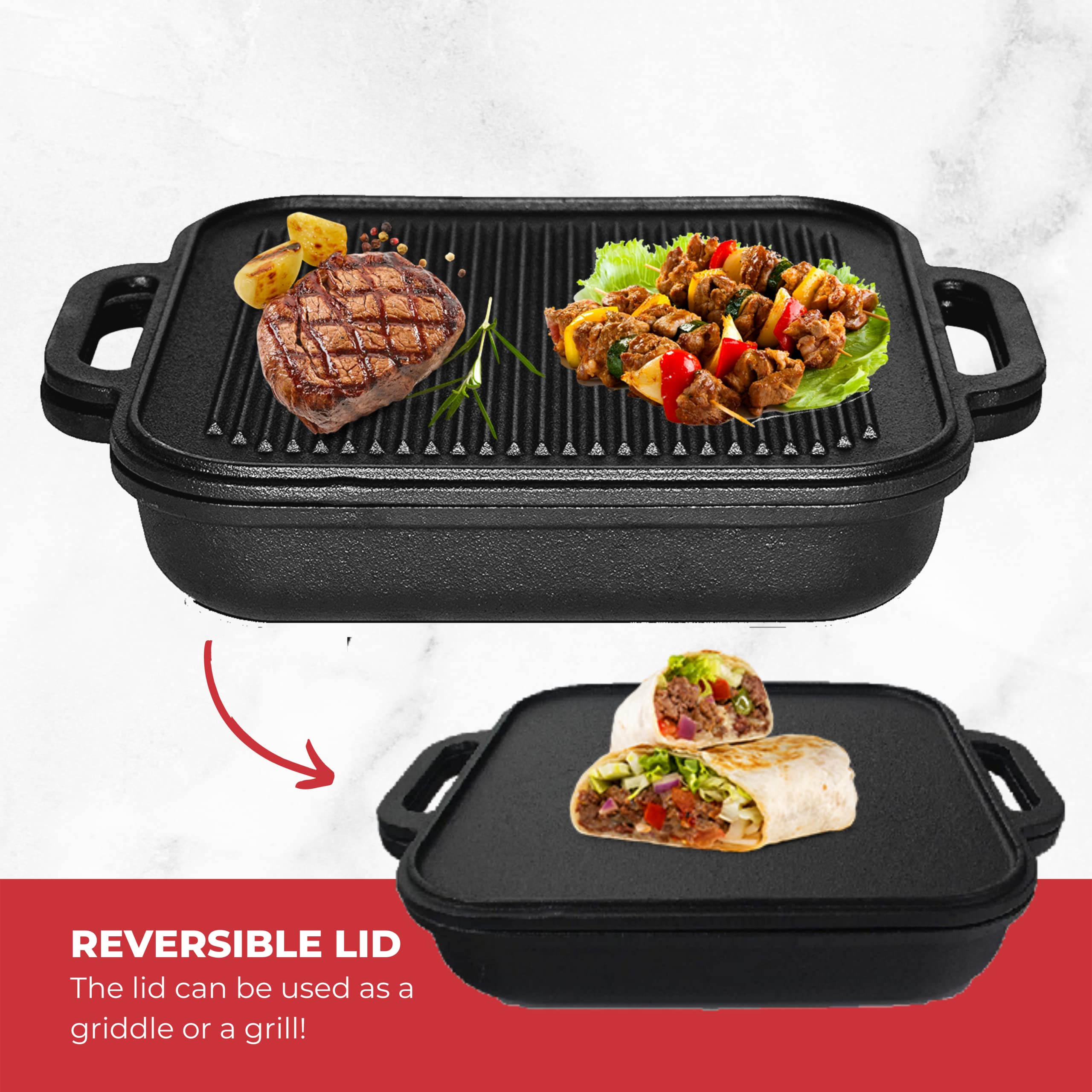 Jim Beam 3-In-1 Cast Iron Skillet With Double Sided Griddle, 3, Black