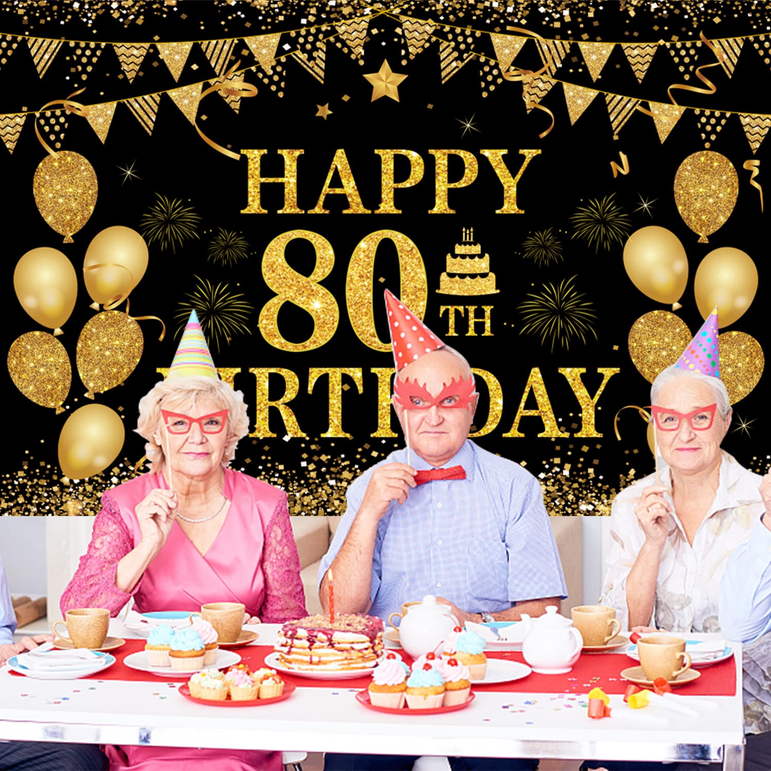 80Th Birthday Decorations For Men Women - Happy 80Th Birthday Banners Decorations Black Gold 80 Years Birthday Party Favor Backd
