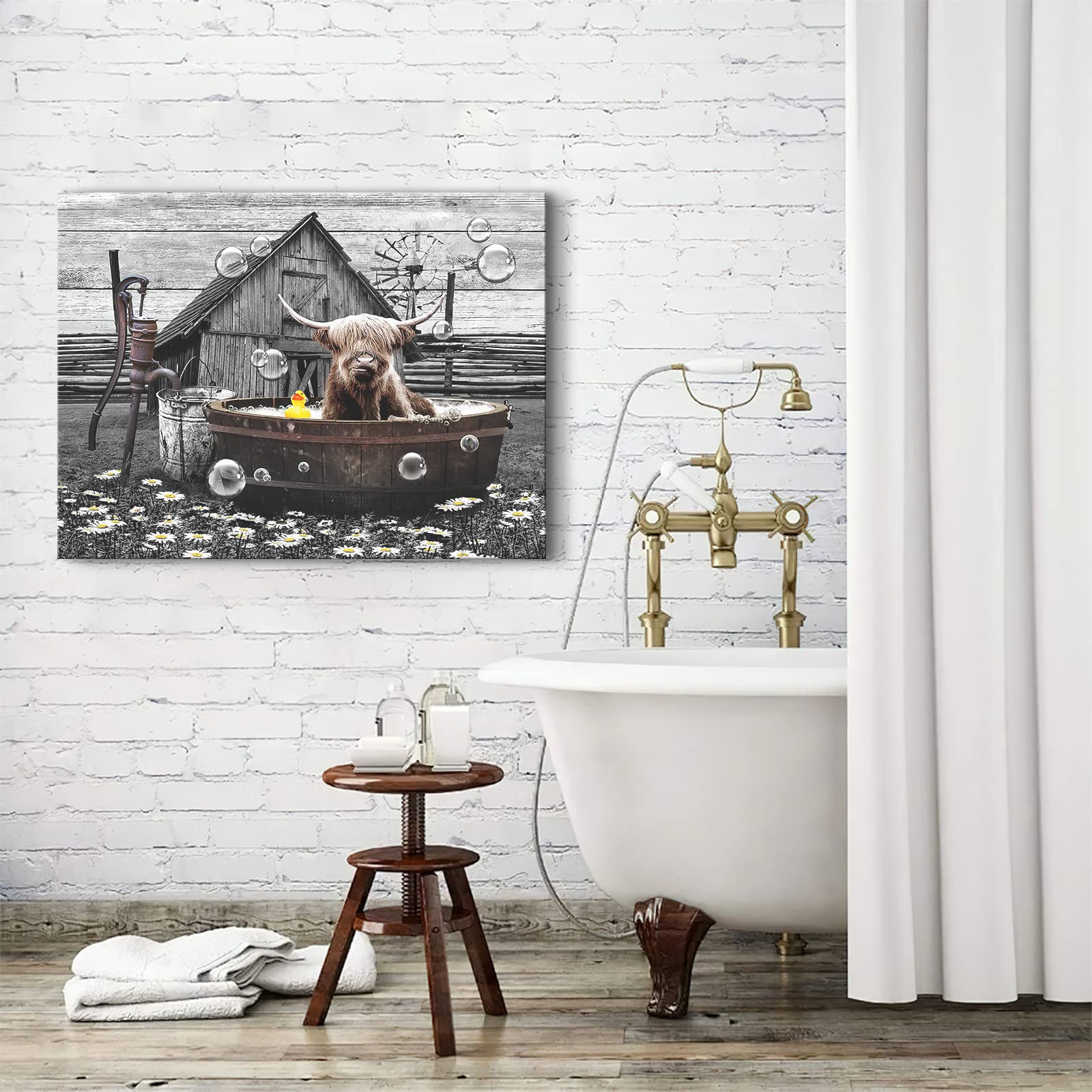 Farmhouse Bathroom Decor Wall Art Funny Highland Cow In Bathtub Pictures Wall Decor Rustic Bathroom Cow Painting For Bathroom To