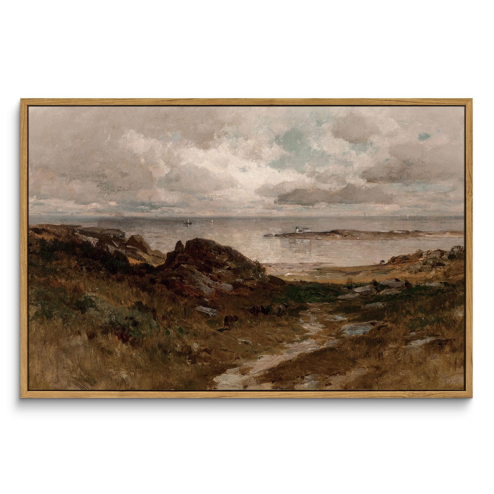 Insimsea Framed Canvas Wall Art Vintage Decor, Seaside Path Wilderness Landscape Paintings Artwork, Large Prints, Retro Wall Dec