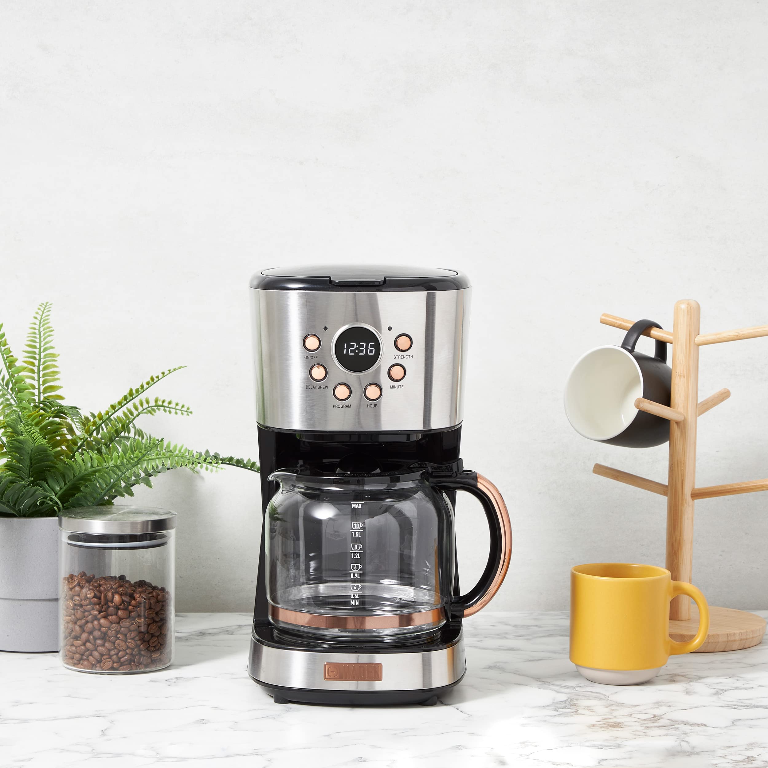 Haden Coffee Machine, 12 Cup Programmable Drip Coffee Maker With Auto Shut-Off Function And Reusable Washable Water Filter, Stee