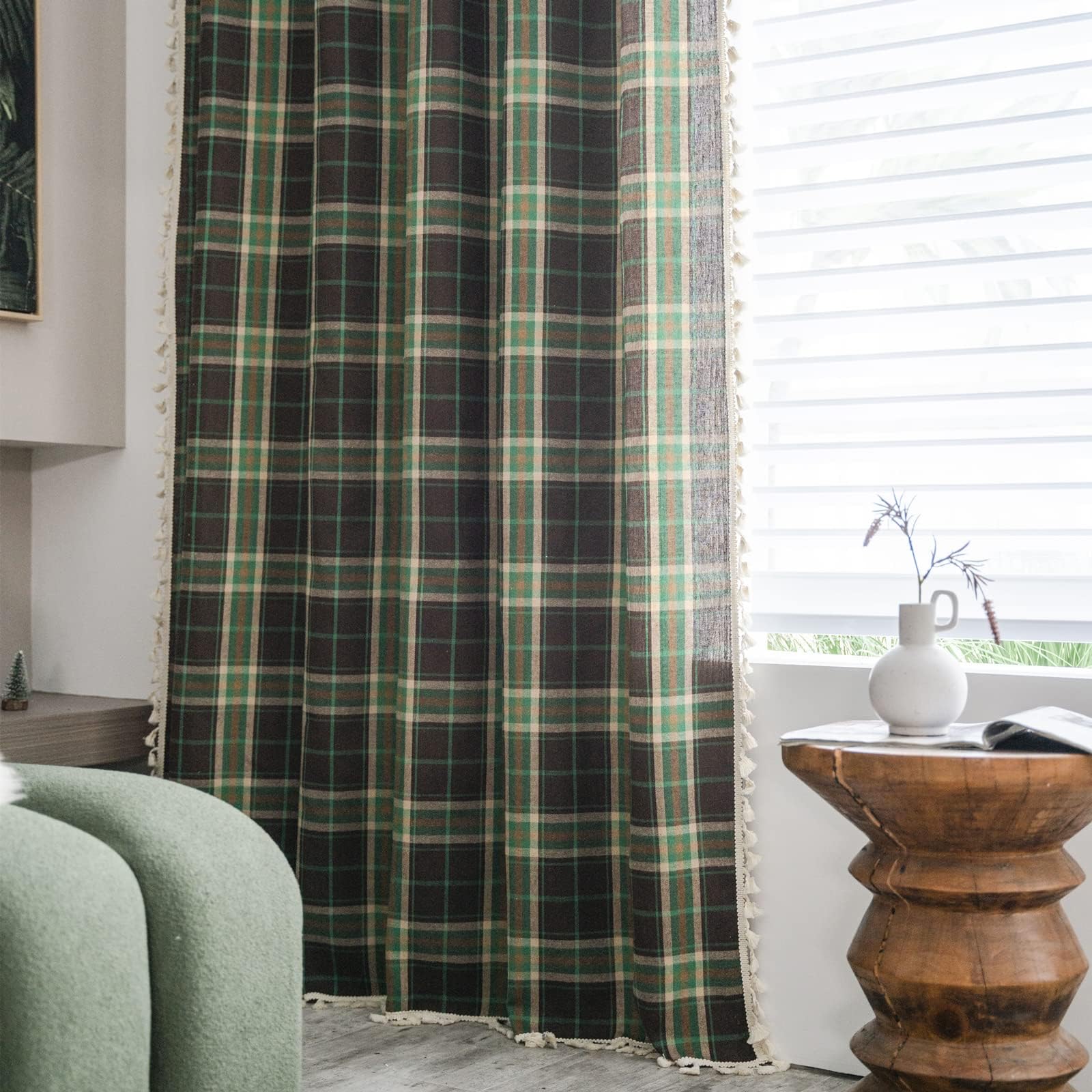 Sutuo Home Boho Curtains for Kitchen Nursery, Christmas Vintage Plaid Curtains Light Filtering rustic Farmhouse Tassels Bohemian
