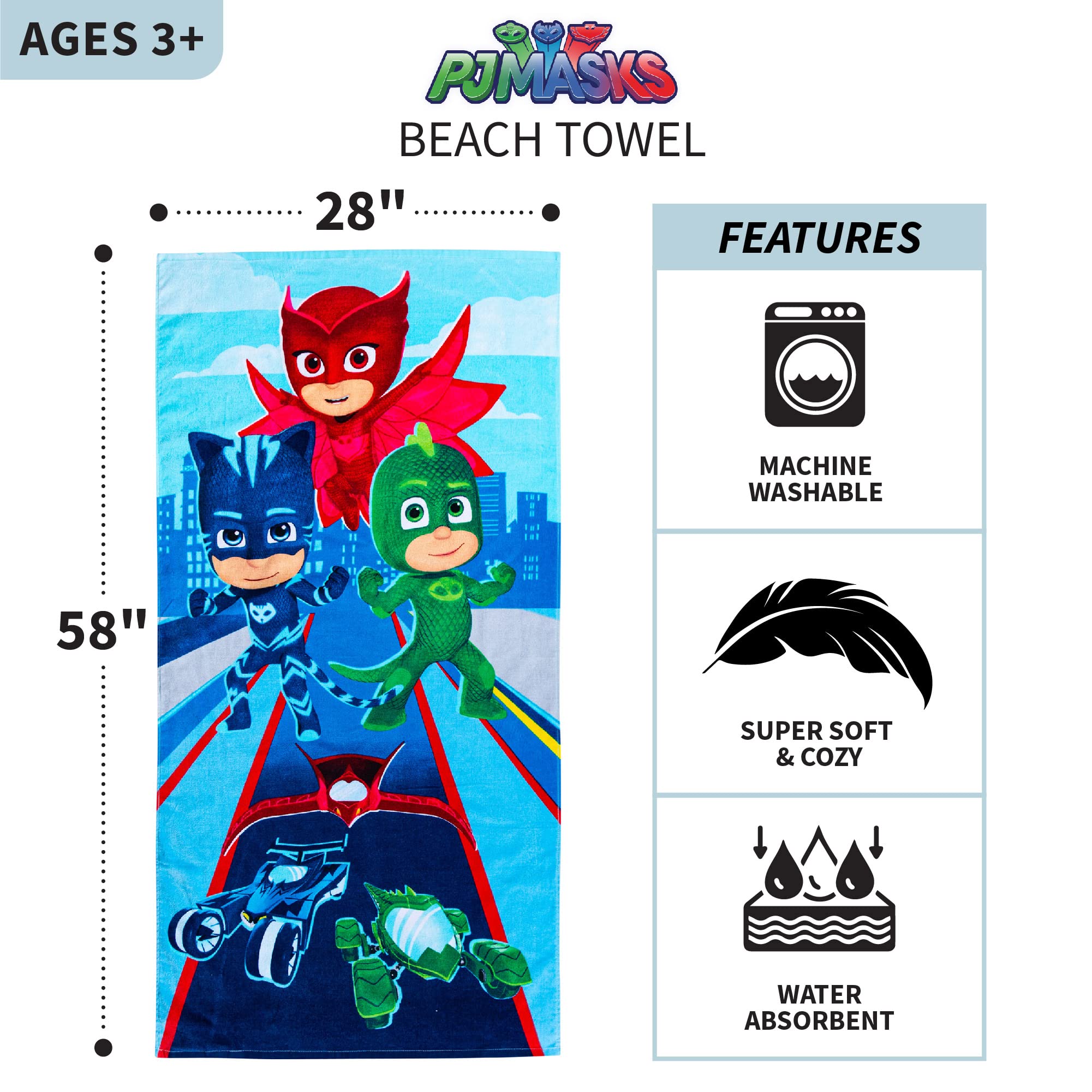 Franco Kids Super Soft Cotton Bath/Pool/Beach Towel, 58 In X 28 In, Pj Masks