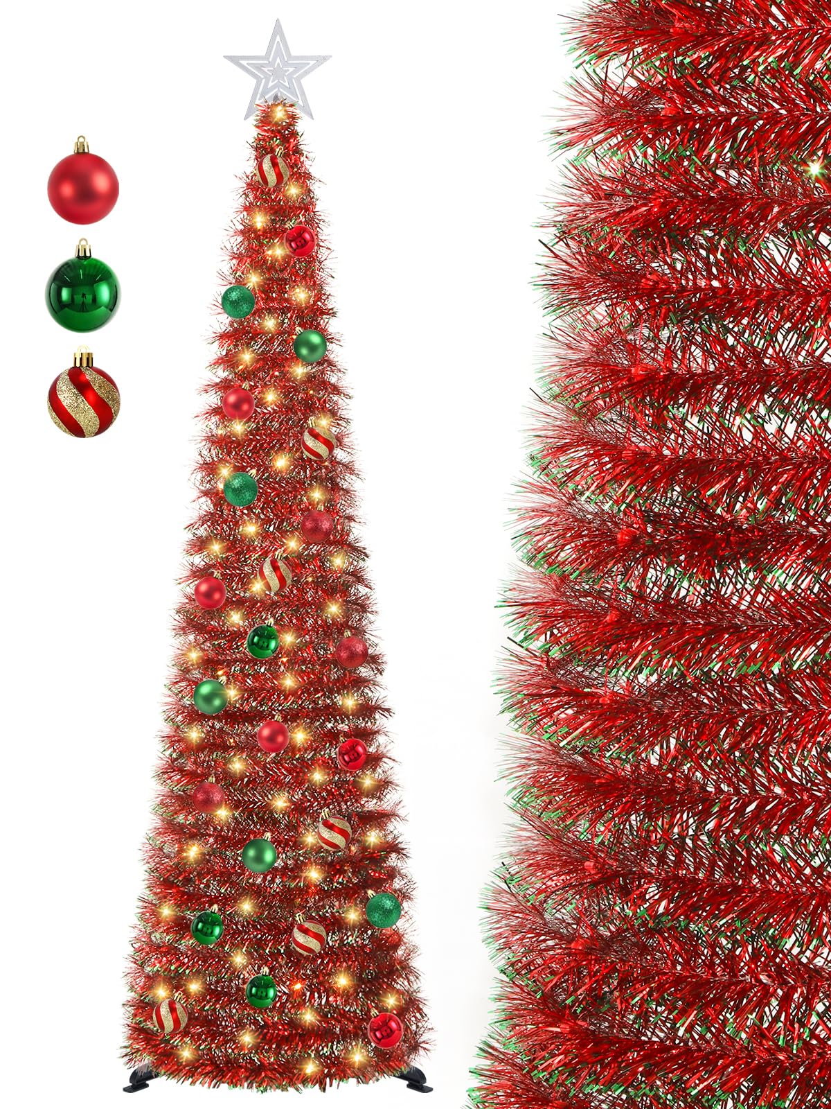 SINTENILL 5 FT Pop Up Christmas Tree with Timer Lights and Decorations, Red Tinsel Artificial Christmas Tree with 24 Balls Ornam