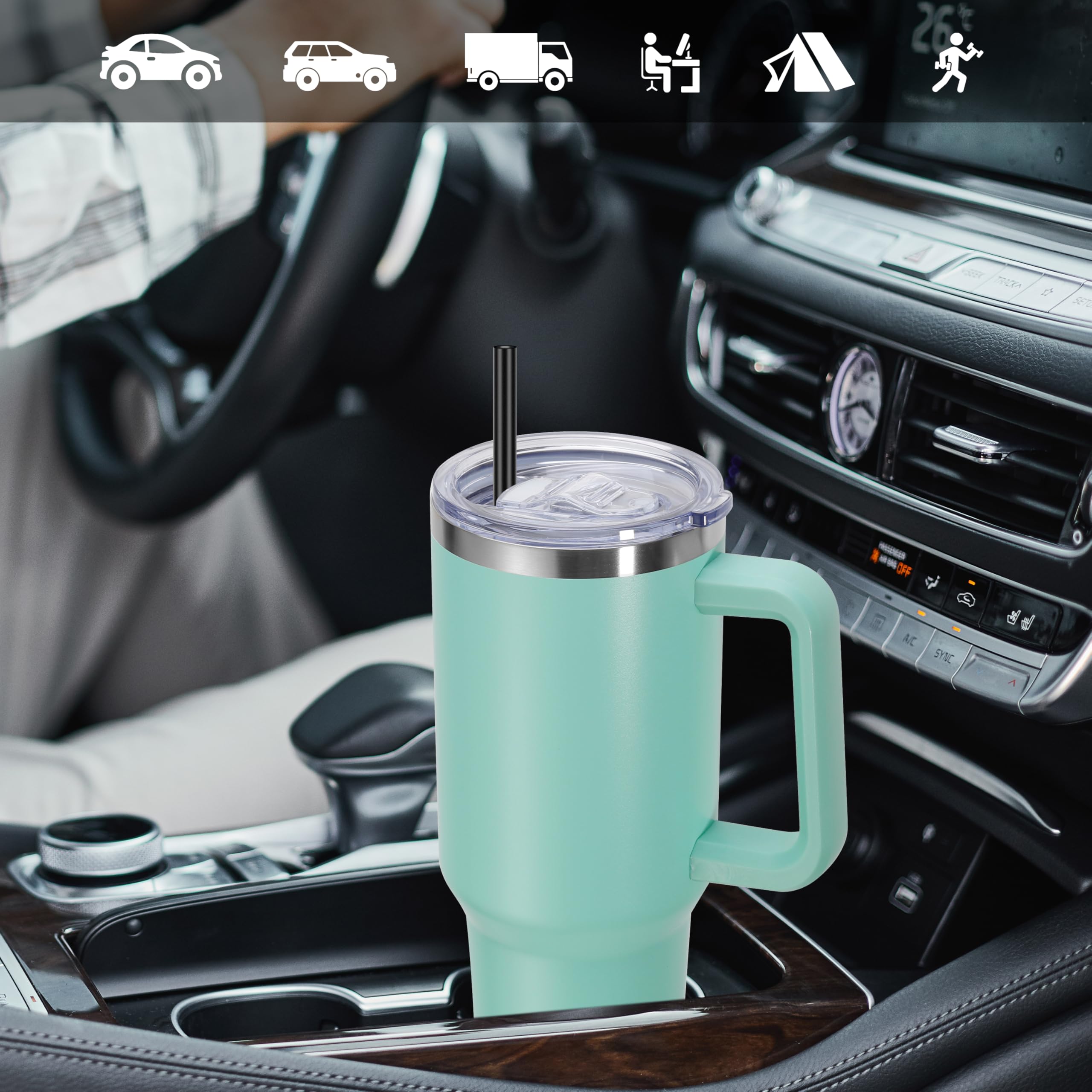 Domicare 40 Oz Tumbler With Handle And Straw, Stainless Steel Tumbler With Lid And Straw, Reusable Vacuum Insulated Cup, Travel