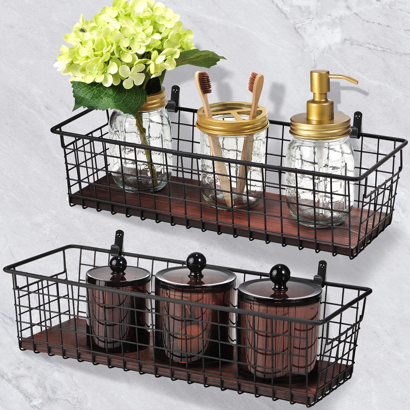 Sheechung 2 Set [Extra Large] Portable Metal Farmhouse Wall Decor Storage Organizer Basket Bin With Handles & Floating Shelves F