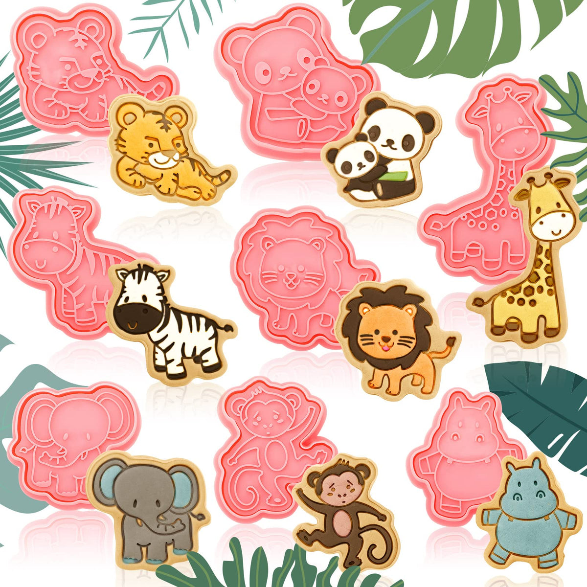 Cunhill 8 Pcs Jungle Animal Cookie Cutters With Plunger Stamps Set 3D Safari Animals Lion Tiger Cookie Cutters Plastic Animal Cr