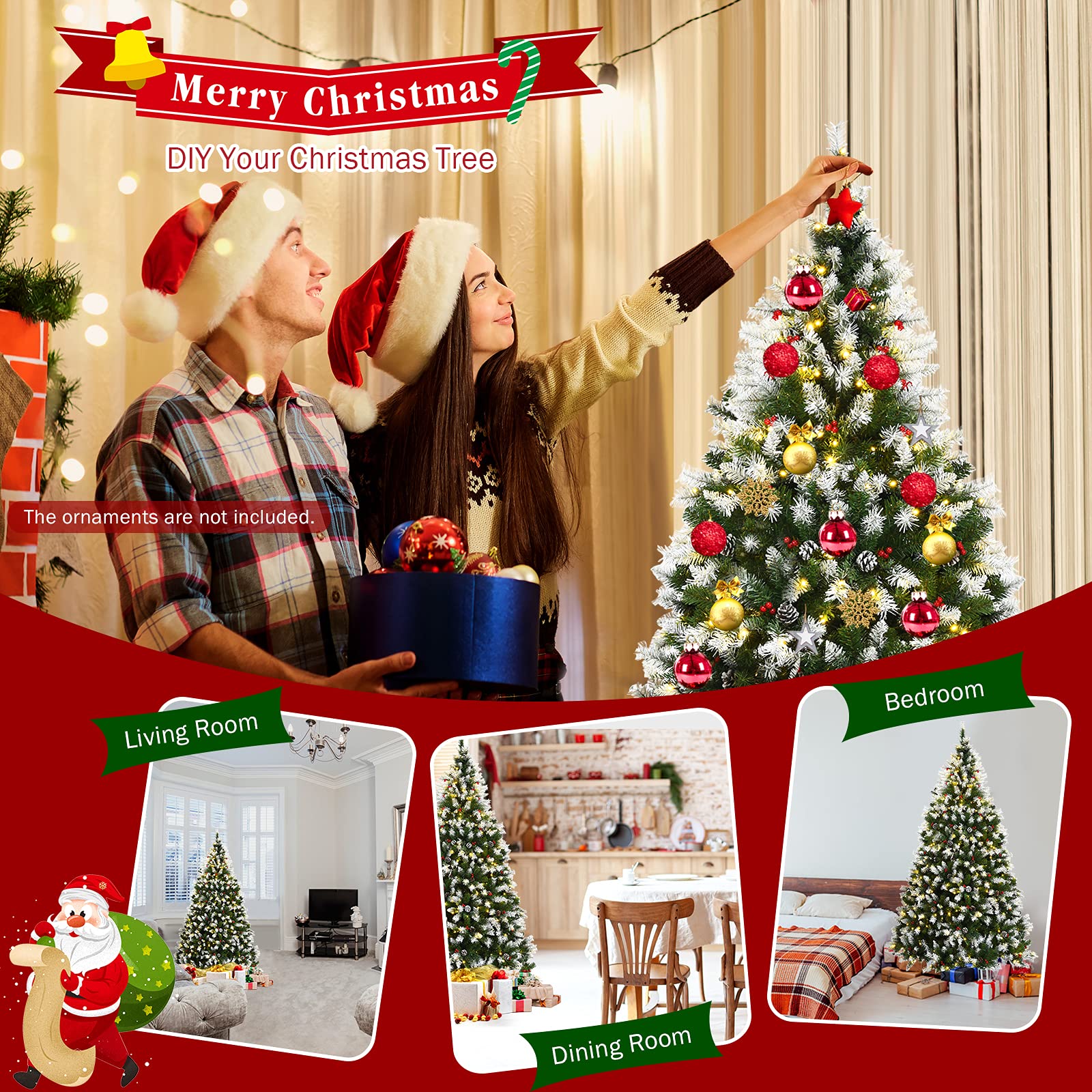 Goplus 6ft Pre-lit Artificial Christmas Tree, Hinged Snow Flocked Xmas Tree w/Pine Cones, Red Berries & 250 LED Lights, 8 Lighti