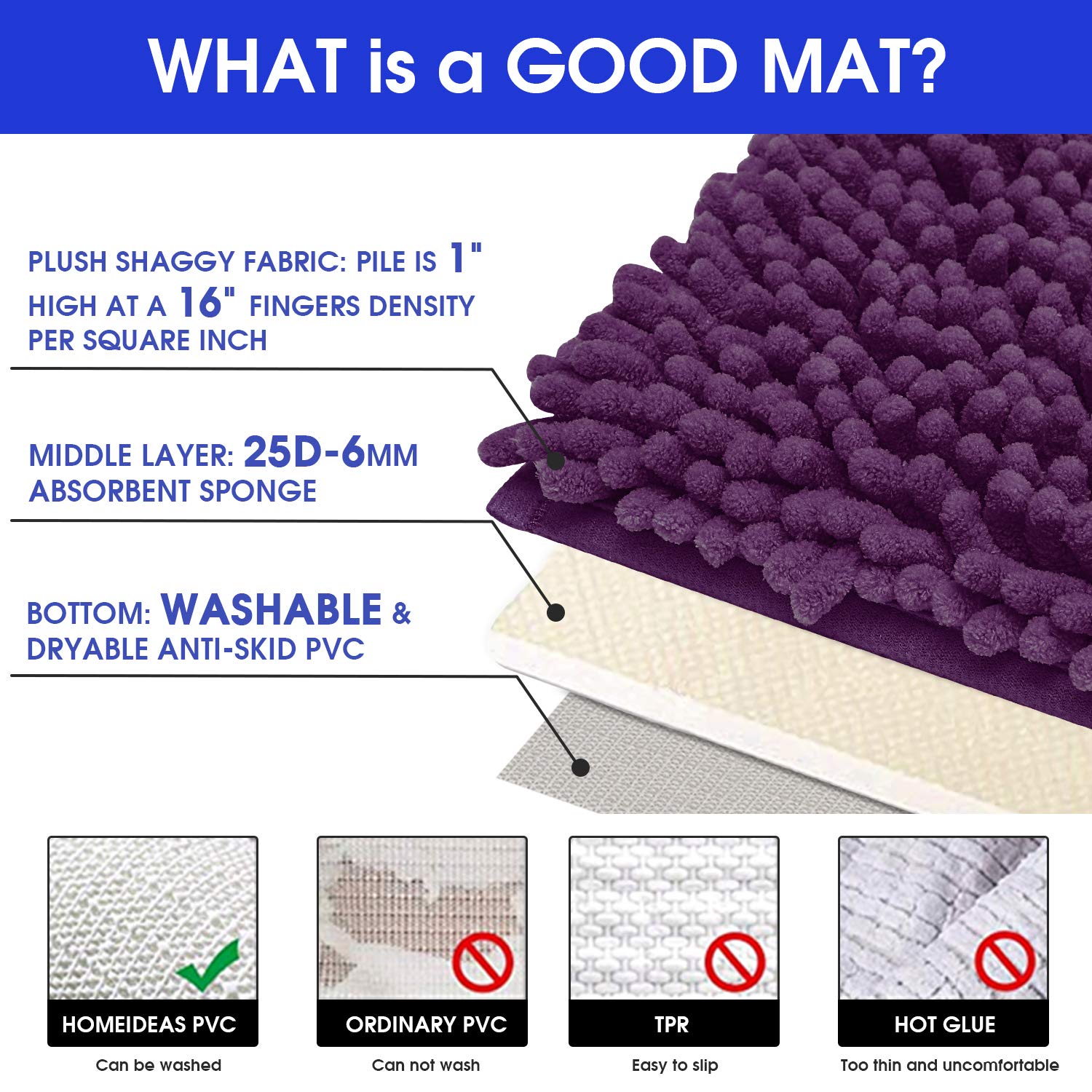 Homeideas 3 Pieces Dark Purple Bathroom Rugs Set, Ultra Soft Non Slip Bath Rug And Absorbent Chenille Bath Mat, Includes U-Shape