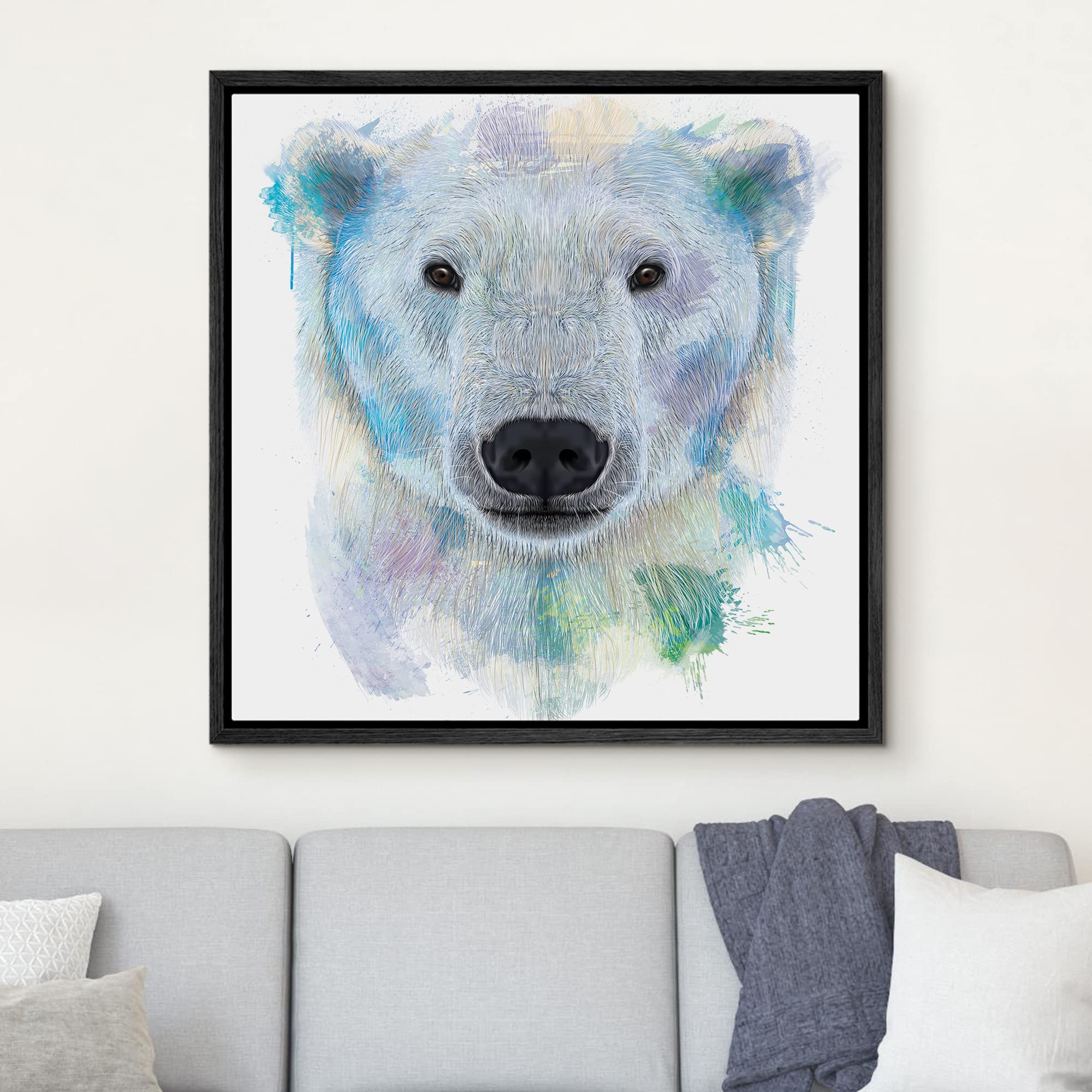 Wall26 - Fun And Colorful Splattered Watercolor Polar Bear - Framed Canvas Art Home Art - 16''X16'' Black