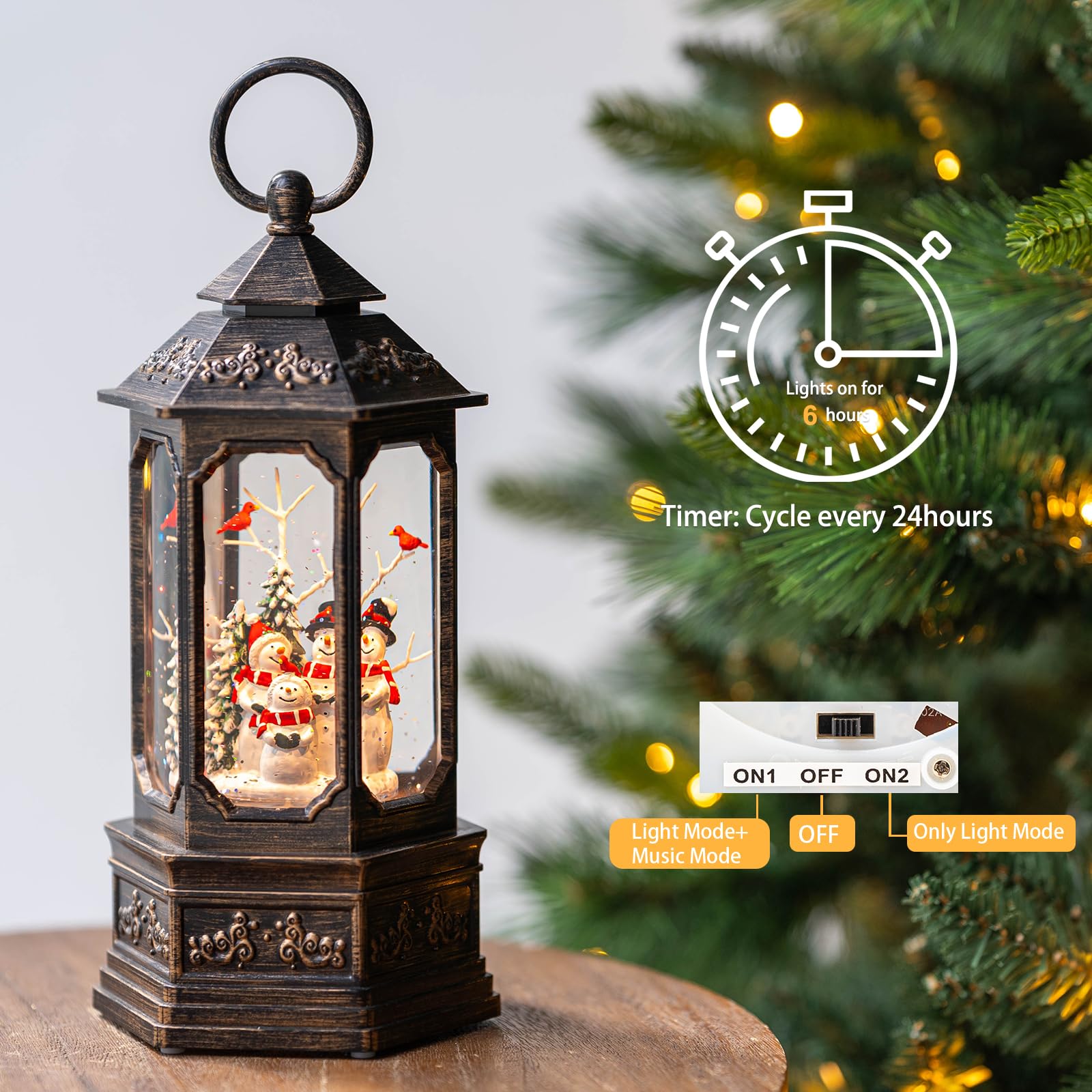 Christmas Snowman Choir Snow Globe Lantern with Swirling Glitter, USB Lined/Battery Operated Lighted Musical Snowman Carolers Wa