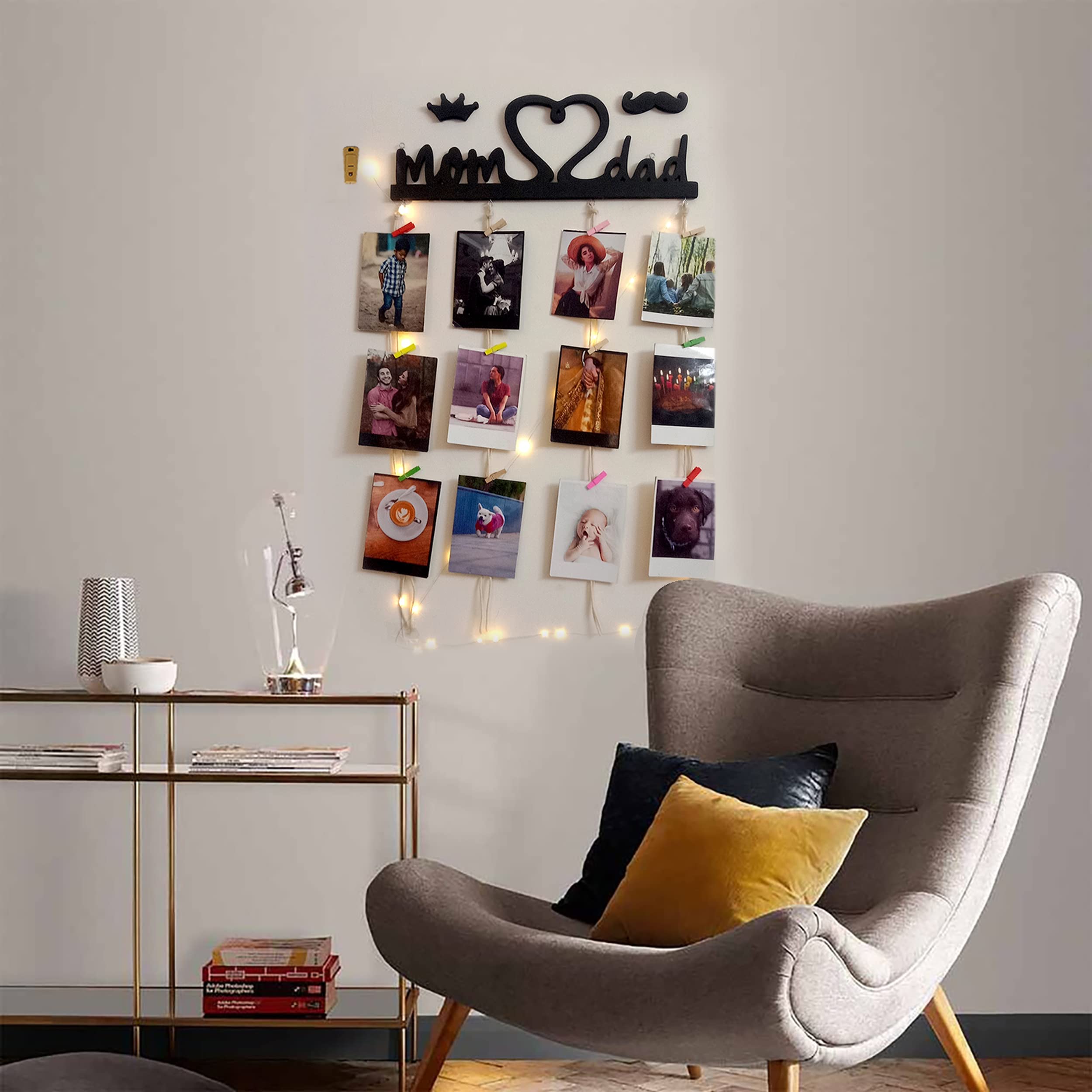 Vah Wooden Photo Frame With Led Light - Display Picture Collage Organizer With Clips (Mom And Dad With Light)