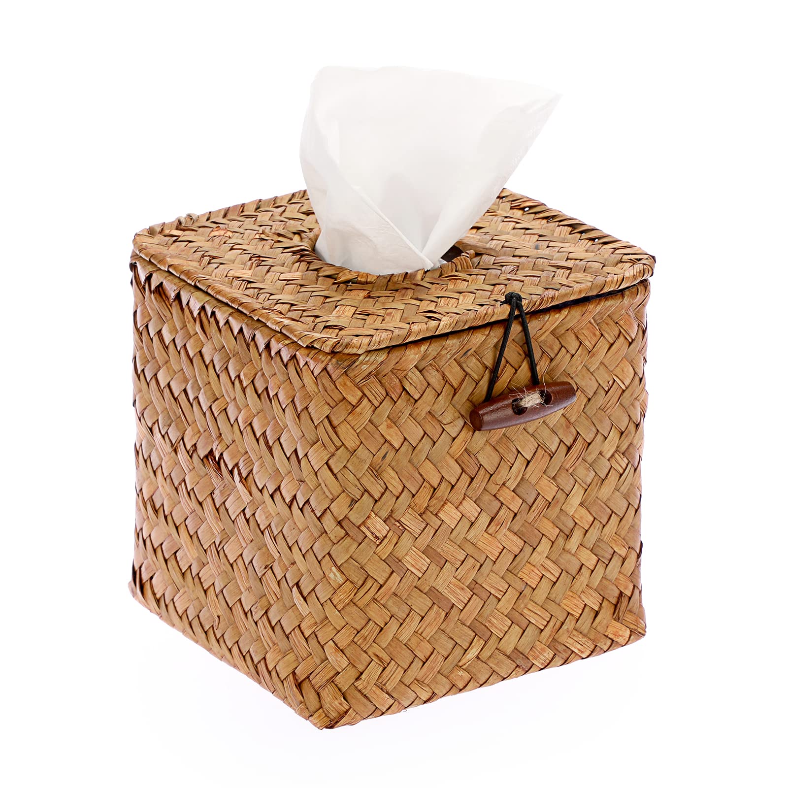 Sumnacon Tissue Box Cover Square Seagrass Tissue Box with Lid, Woven Tissue Box Holder Rustic Cube Tissue Cover for Bathroom Toi