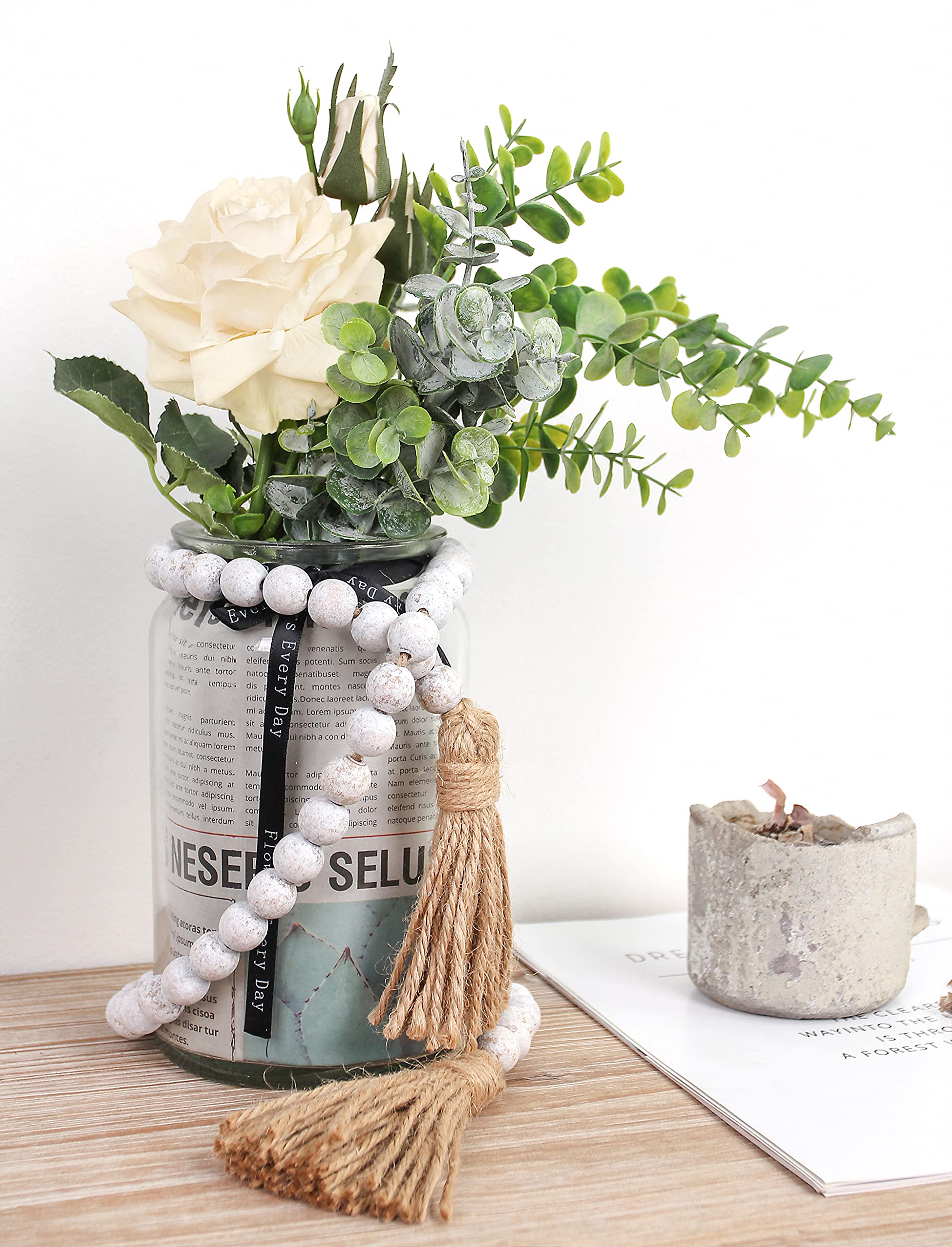 58in Wood Bead Garland with Tassels, Farmhouse Rustic Country Decor Prayer Boho Wall Hanging Decoration (Whitewash)