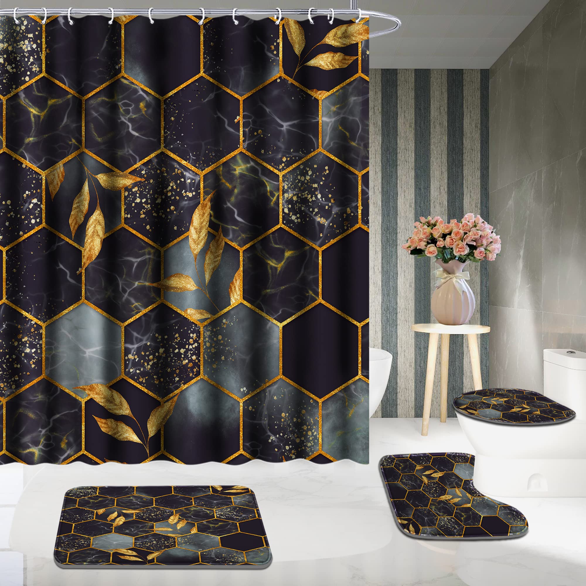 Poedist 4 Pcs Bathroom Shower Curtain Set,Bathroom Sets With Rugs(Bath Mat,U Shape And Toilet Lid Cover Mat) And 12 Hooks,Honeyc