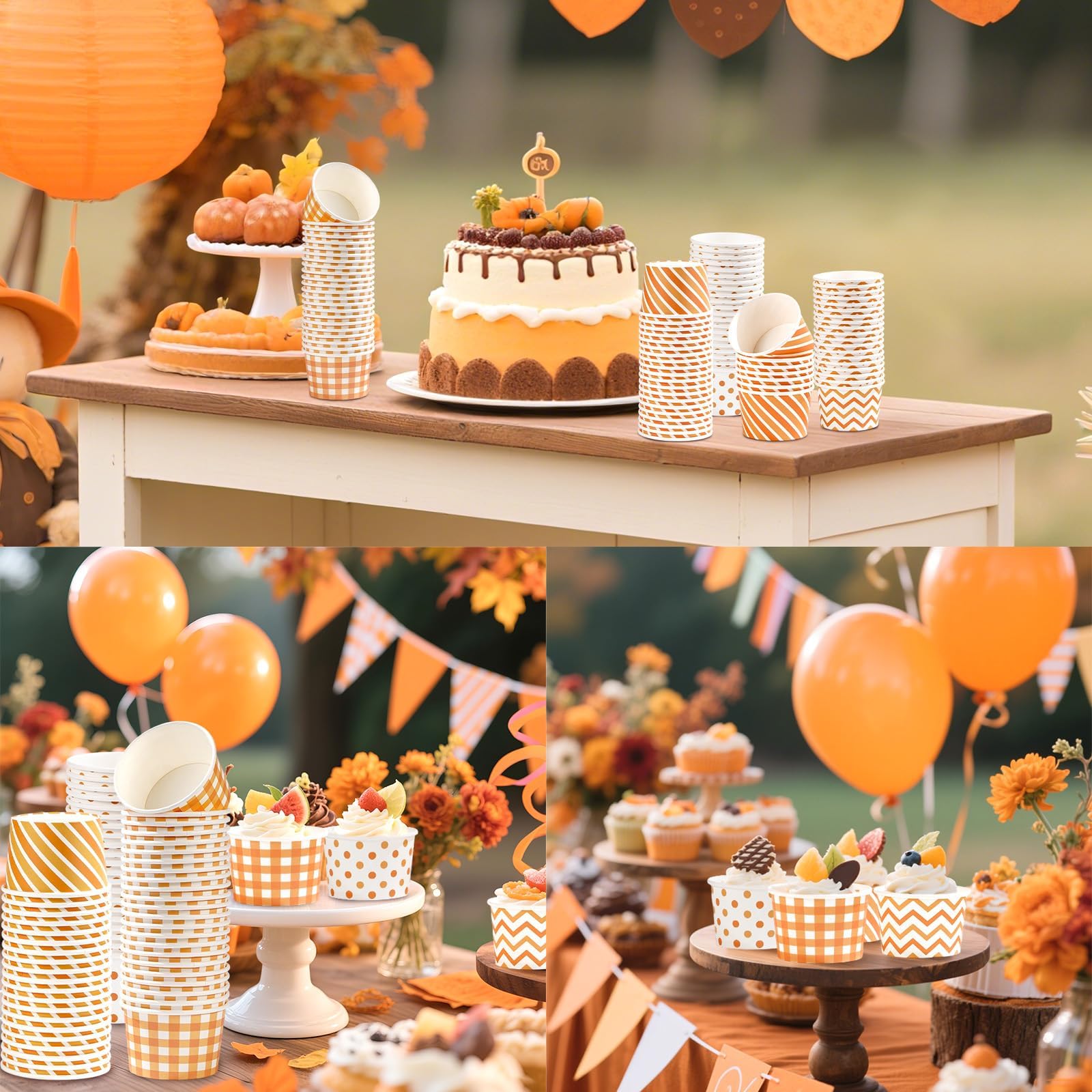Grencian 120Pcs Fall Paper Bowls 12 oz Disposable Thanksgiving Ice Cream Bowls Fall Cups Soup Bowl Orange Gingham Polka Dot Snac