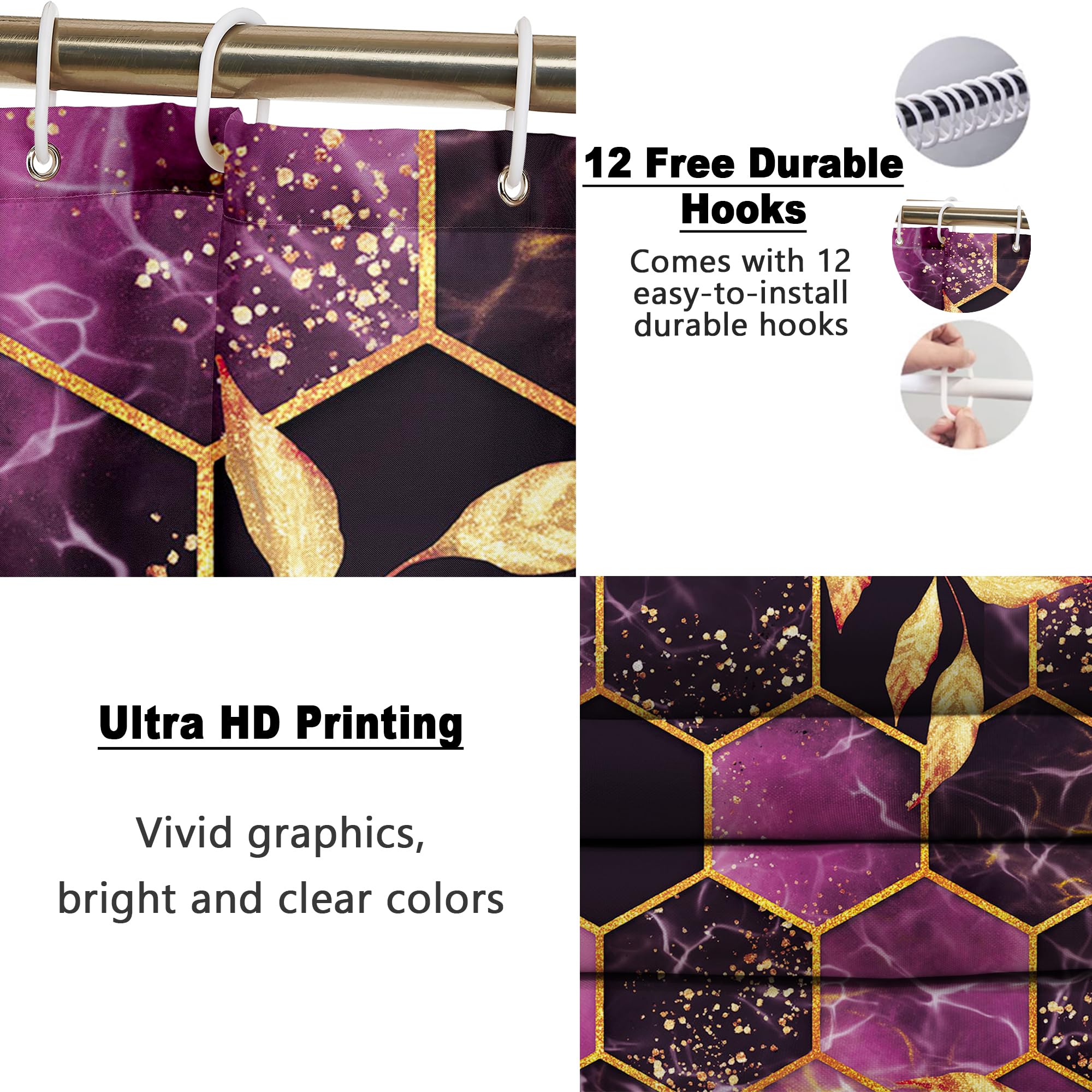 Poedist 4 Pcs Bathroom Shower Curtain Set Purple Honeycomb Marble Bathroom Sets with Rugs(Bath Mat U Shape and Toilet Lid Cover Mat) and 12 Durable Hooks