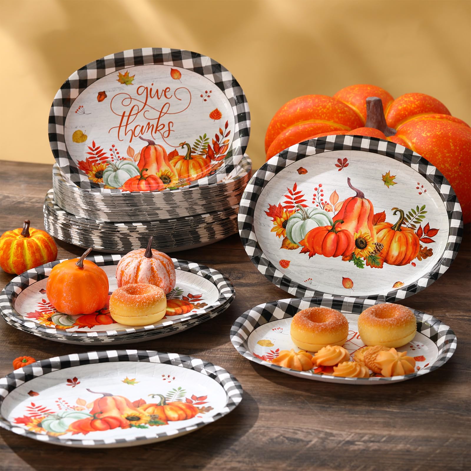 Havawish 100 Pcs Fall Thanksgiving Oval Paper Plates Bulk Pumpkin Dinner Plates Disposable 12 x 10 Inch Paper Dishes for Autumn