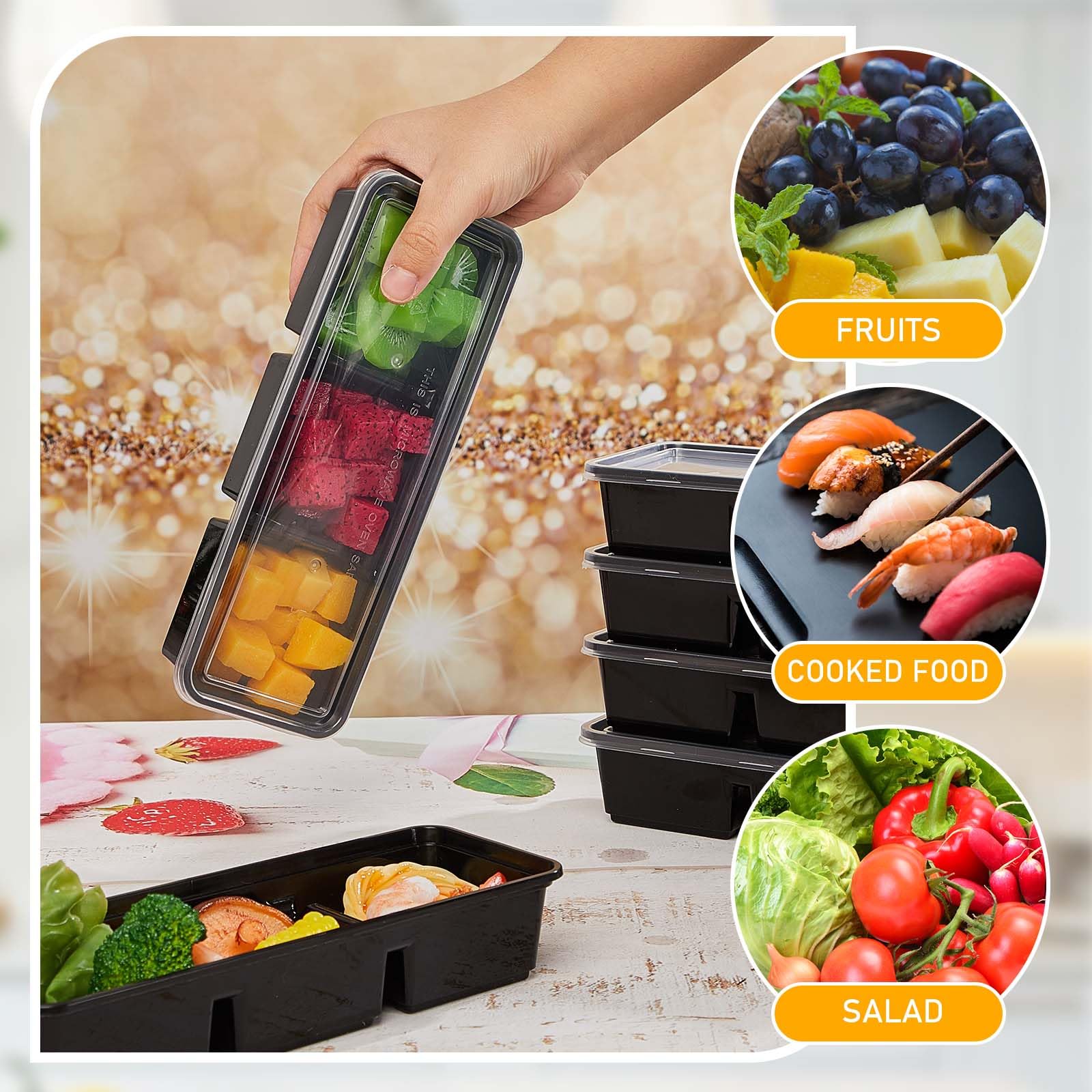 Hushee 50 Pack 17 Oz Small Meal Prep Containers 3 Compartments With Lids, Disposable Plastic Bento Boxes Reusable Stackable Food