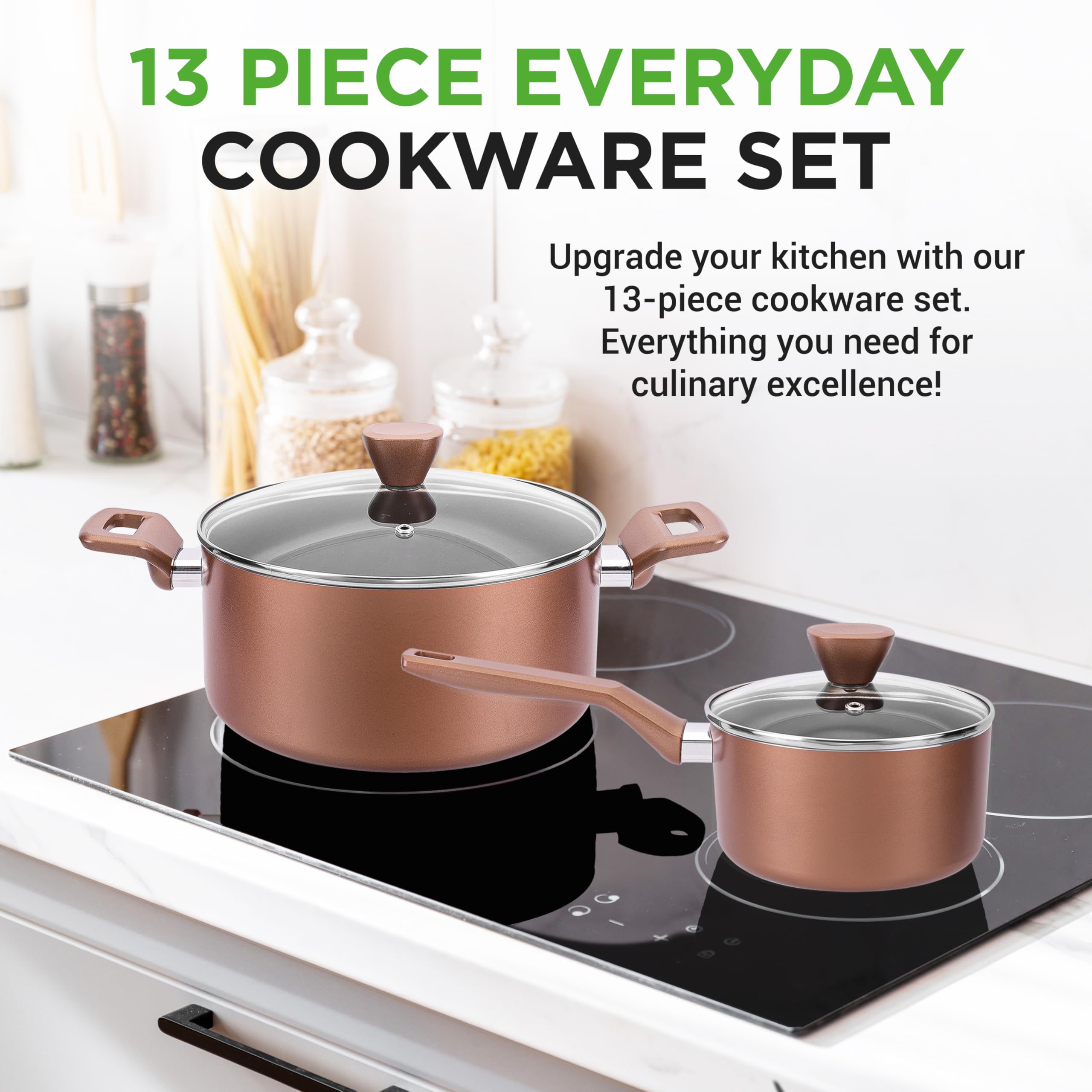 NutriChef 13 Pcs. Nonstick Kitchen Cookware PFOA/PFOS-Free Heat Resistant Kitchenware Set w/Saucepan, Frying Pans, Cooking Pots,