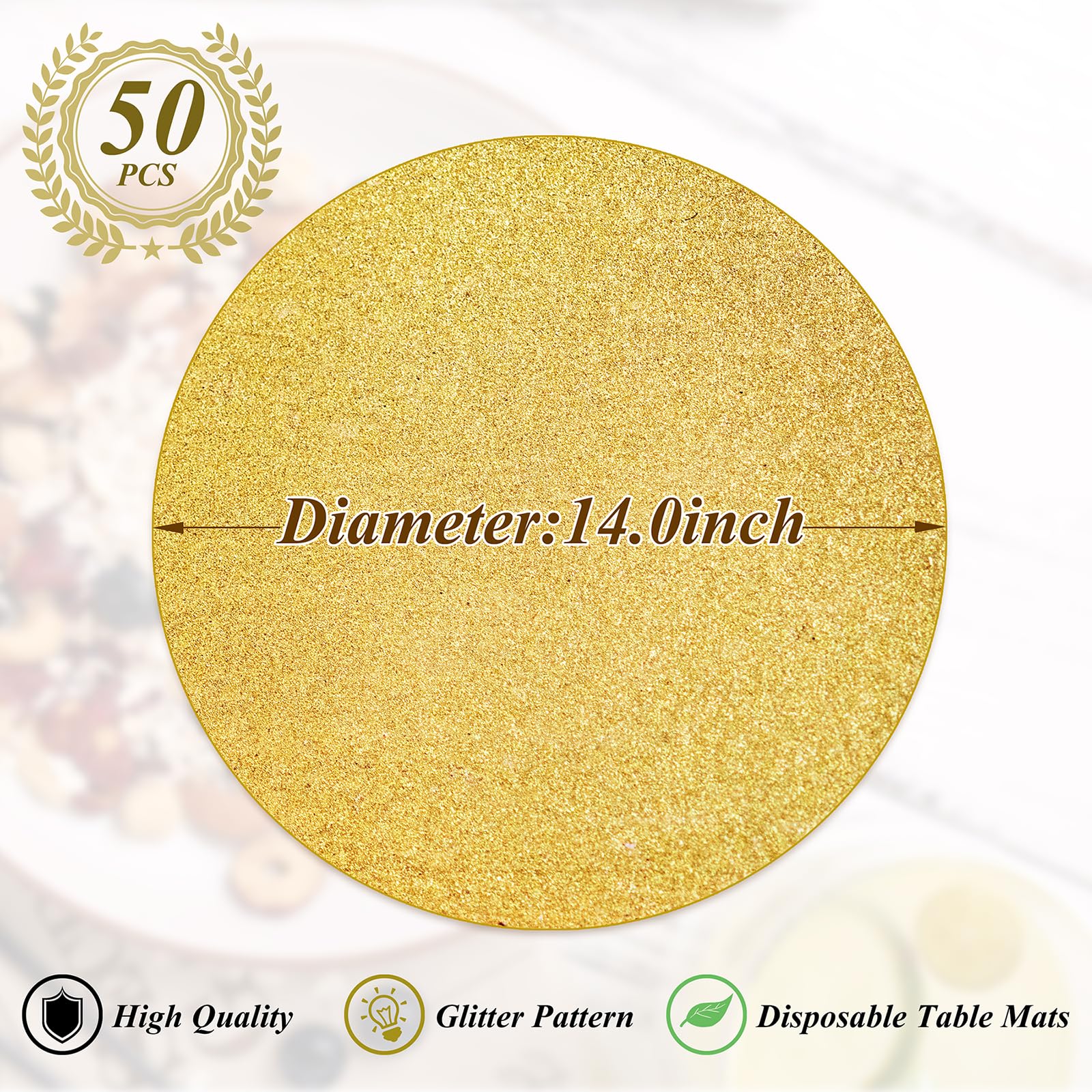 50 Pieces Gold Glitter Paper Place Mats Sparkle 14'' Round Disposable Table Mats Golden Sequin Doilies Decorative Placemats For