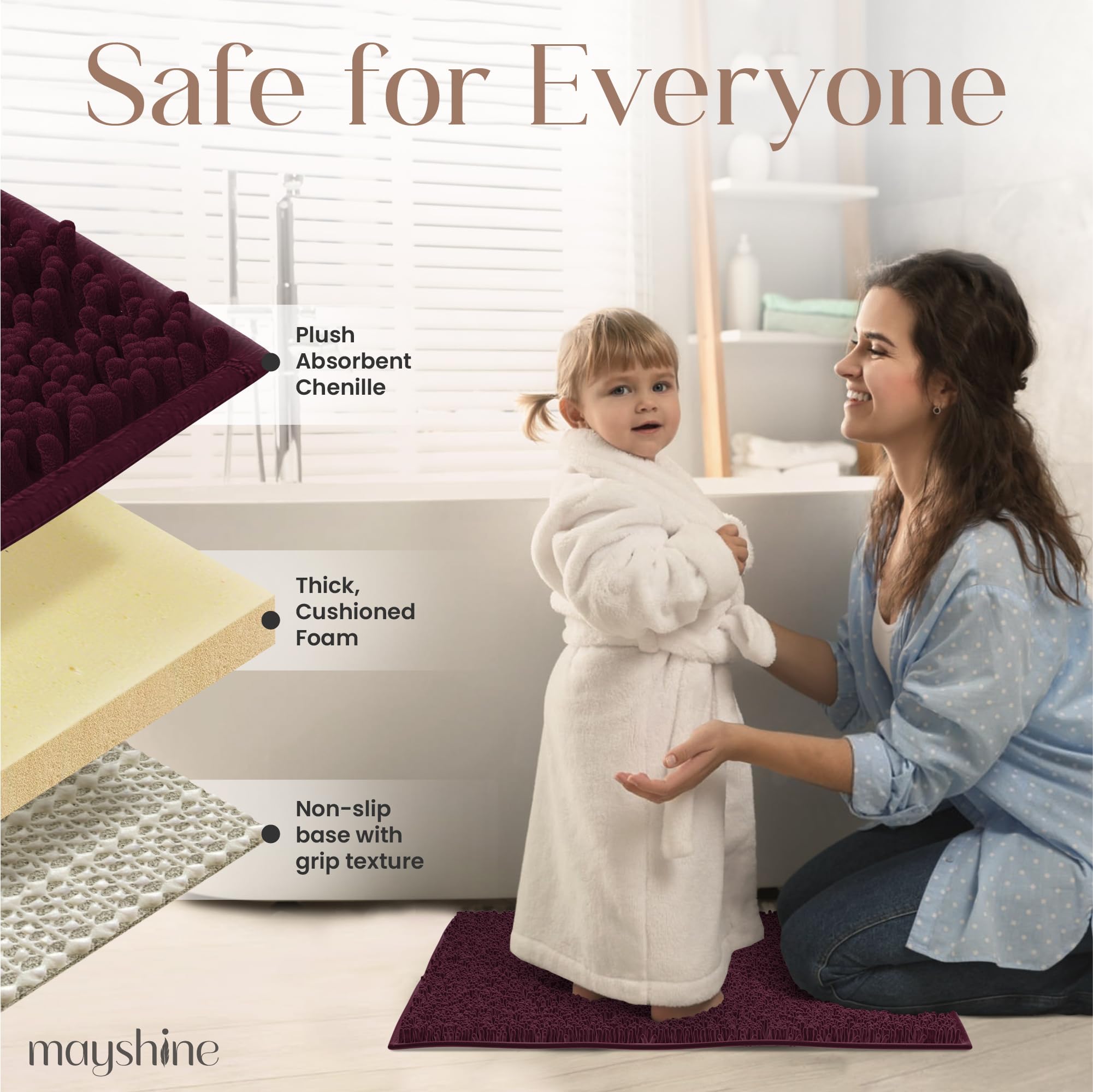 Extra Large Soft Plush Chenille Bathroom Runner Rug  Absorbent Microfiber Bath Mat  Machine Washable  Non-Slip Grip  Shag Carpet Great for Bath  Shower  Bedroom  or Door Mat (Burgundy  27.5x47)