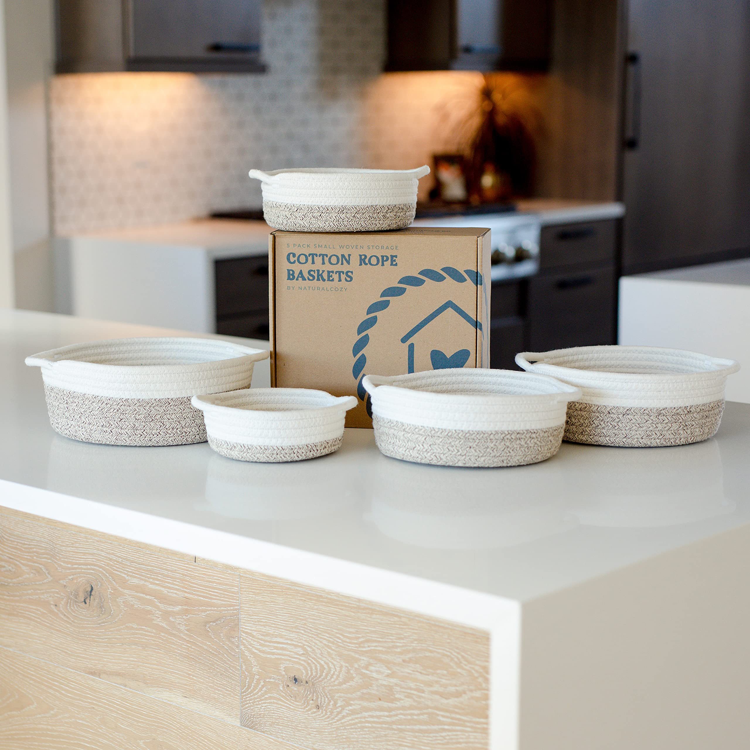 NaturalCozy 5-Piece Round Small Woven Baskets Set - 100% Natural Cotton Rope Baskets! Key Tray  Kids Montessori Toys  Bowl for Entryway  Jewelry Remote Fruits Desk Home Decor Shallow Catchall Baskets