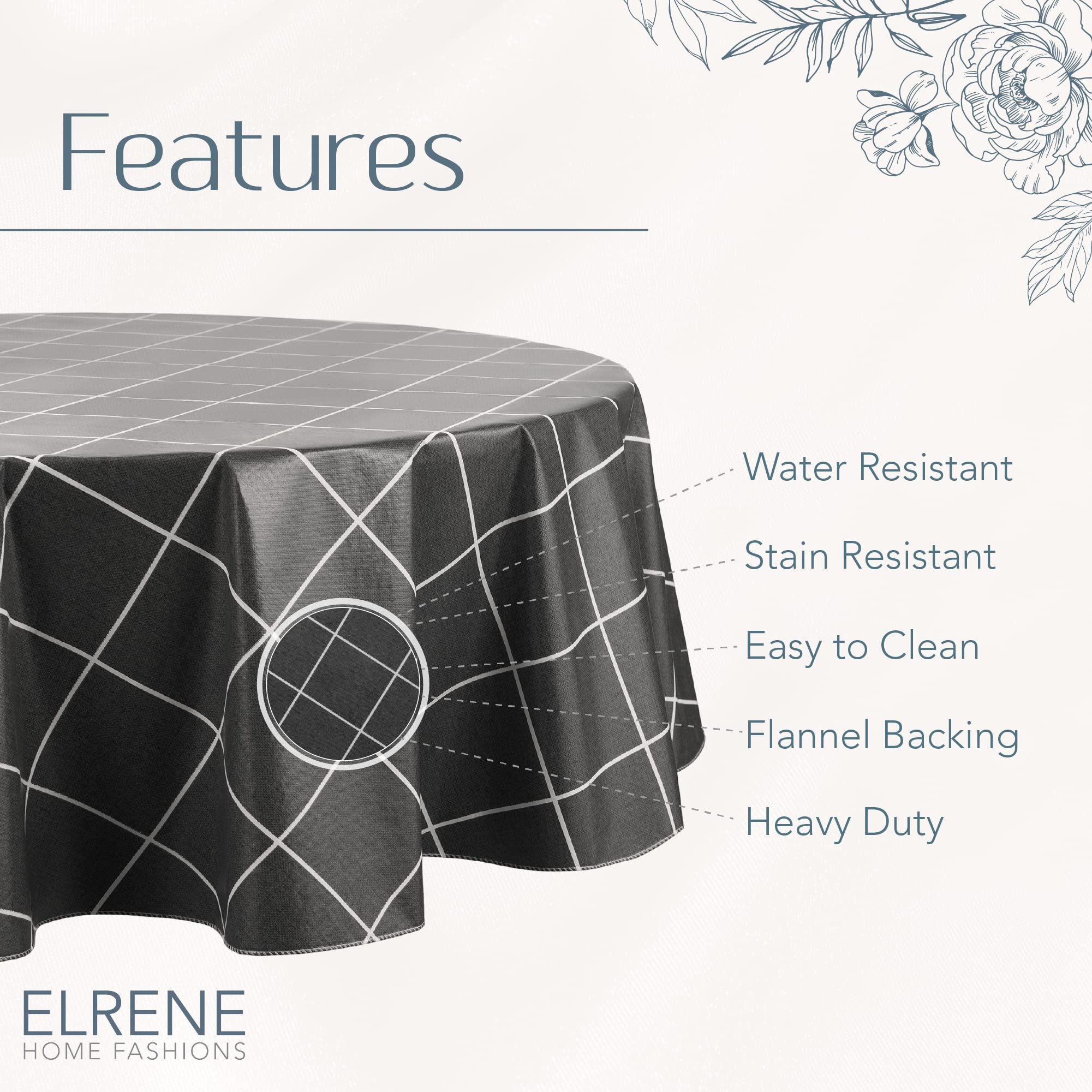 Elrene Home Fashions Windowpane Plaid Water- And Stain-Resistant Vinyl Tablecloth With Flannel Backing, 70 Inches X 70 Inches, R
