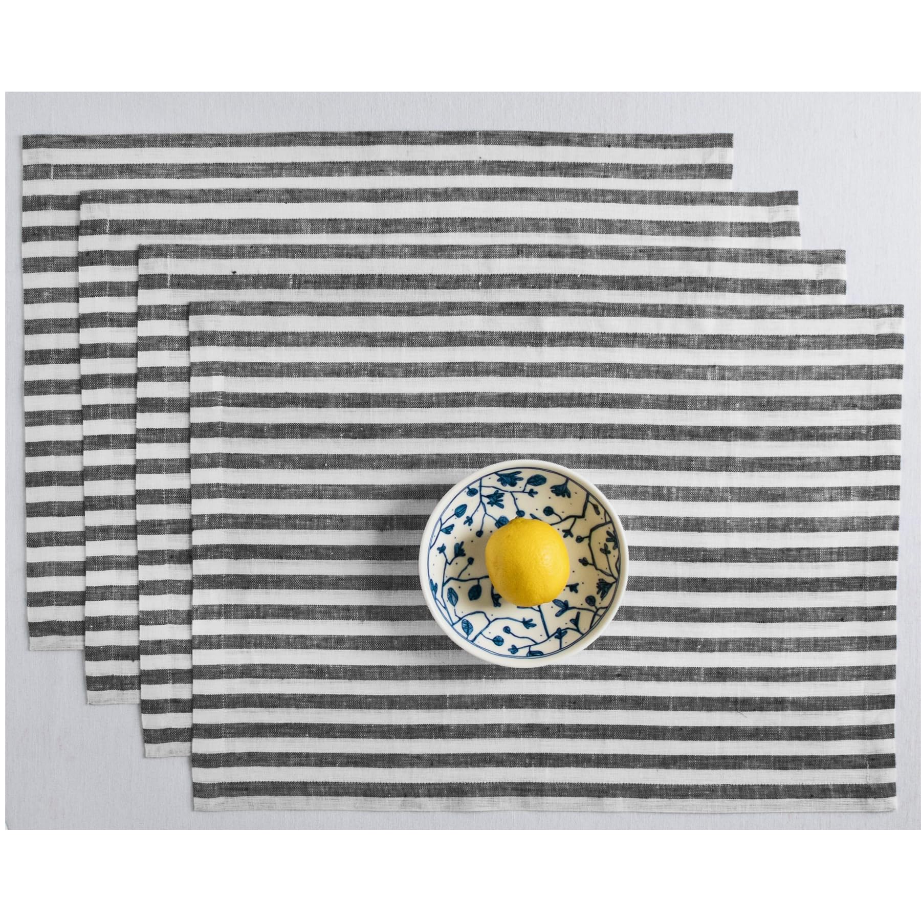 Solino Home Linen Placemats Set of 4 - Amalfi Stripe Black and White Placemats 14 x 19 Inch - 100% Pure Linen Place Mats for Fal