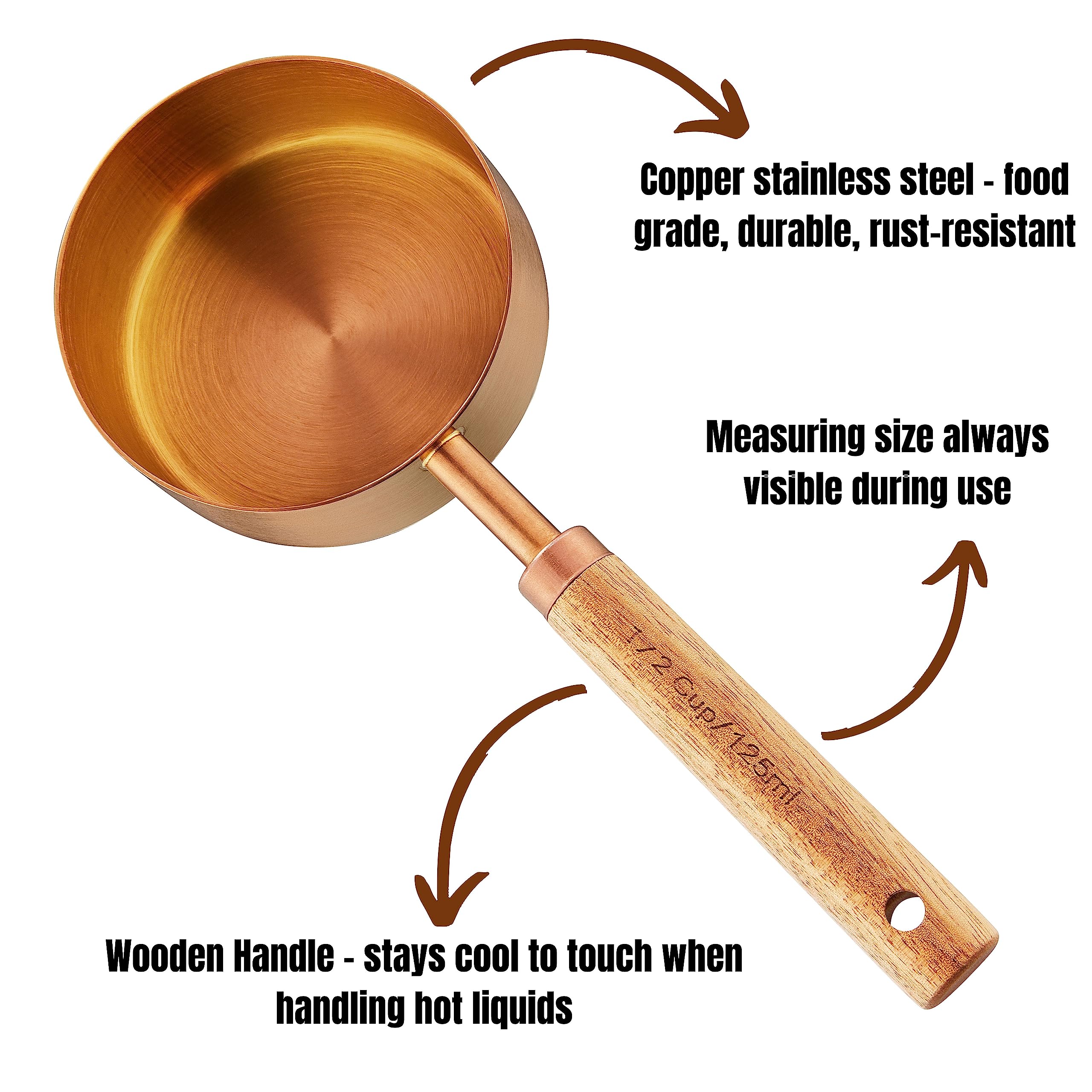 Copper Stainless Steel Measuring Cups And Spoons Set Of 8, Wooden Handle With Us Measurements, Metric Cups And Spoons For Cookin