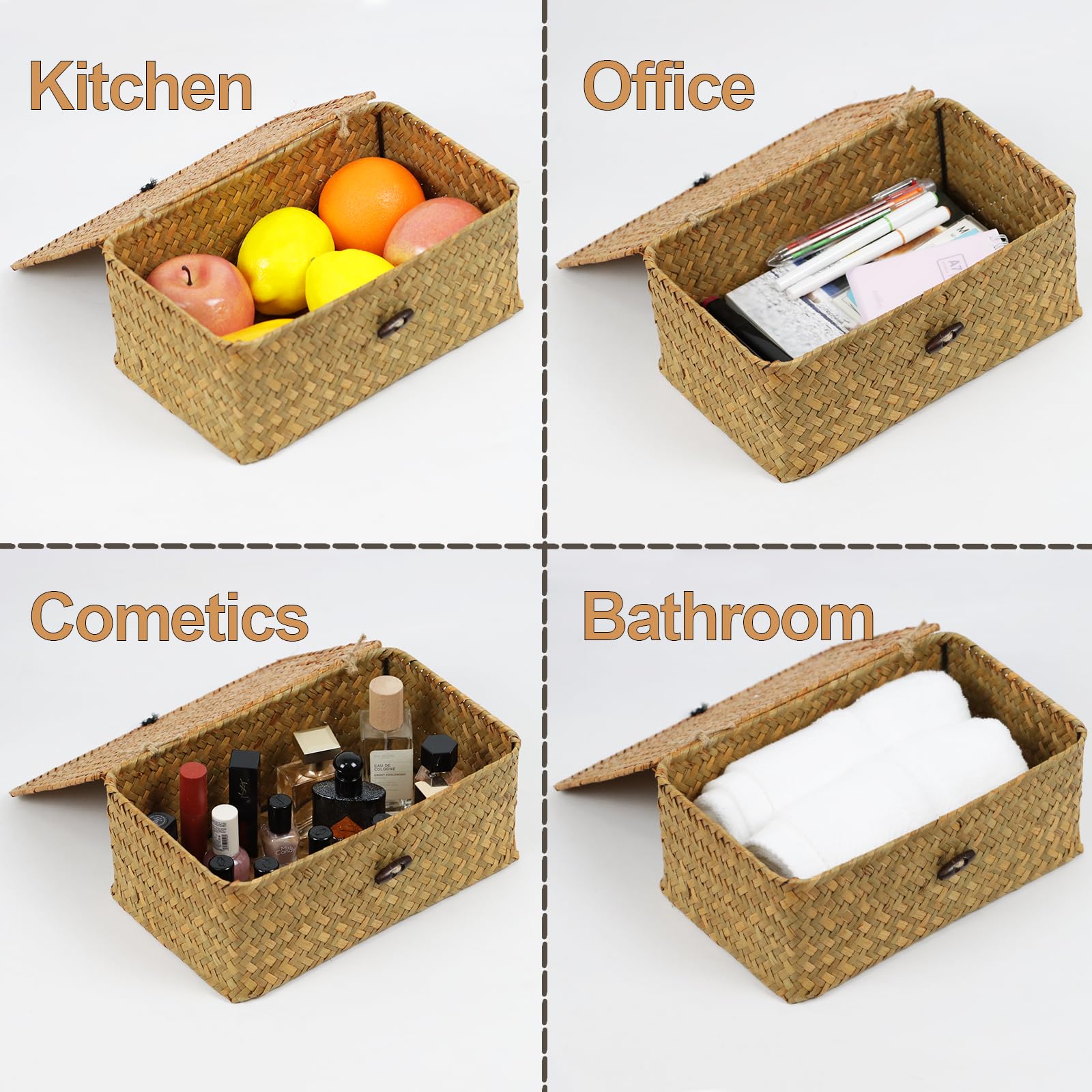Wicker Basket With Lid, Natural Seagrass Storage Baskets For Organizing, Woven Basket For Storage, Decorative Boxes Bins With Li