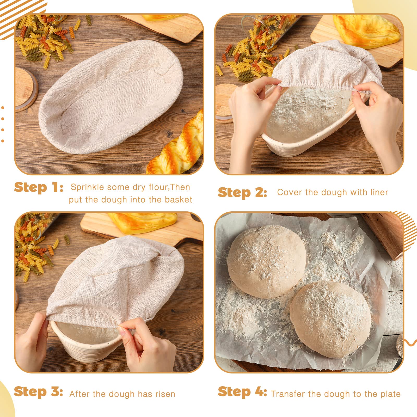 4 Pieces 10 Inch Bread Banneton Proofing Basket Oval Shape Bread Proofing Basket Rattan Oval Banneton Basket Dough Proofing Bowl