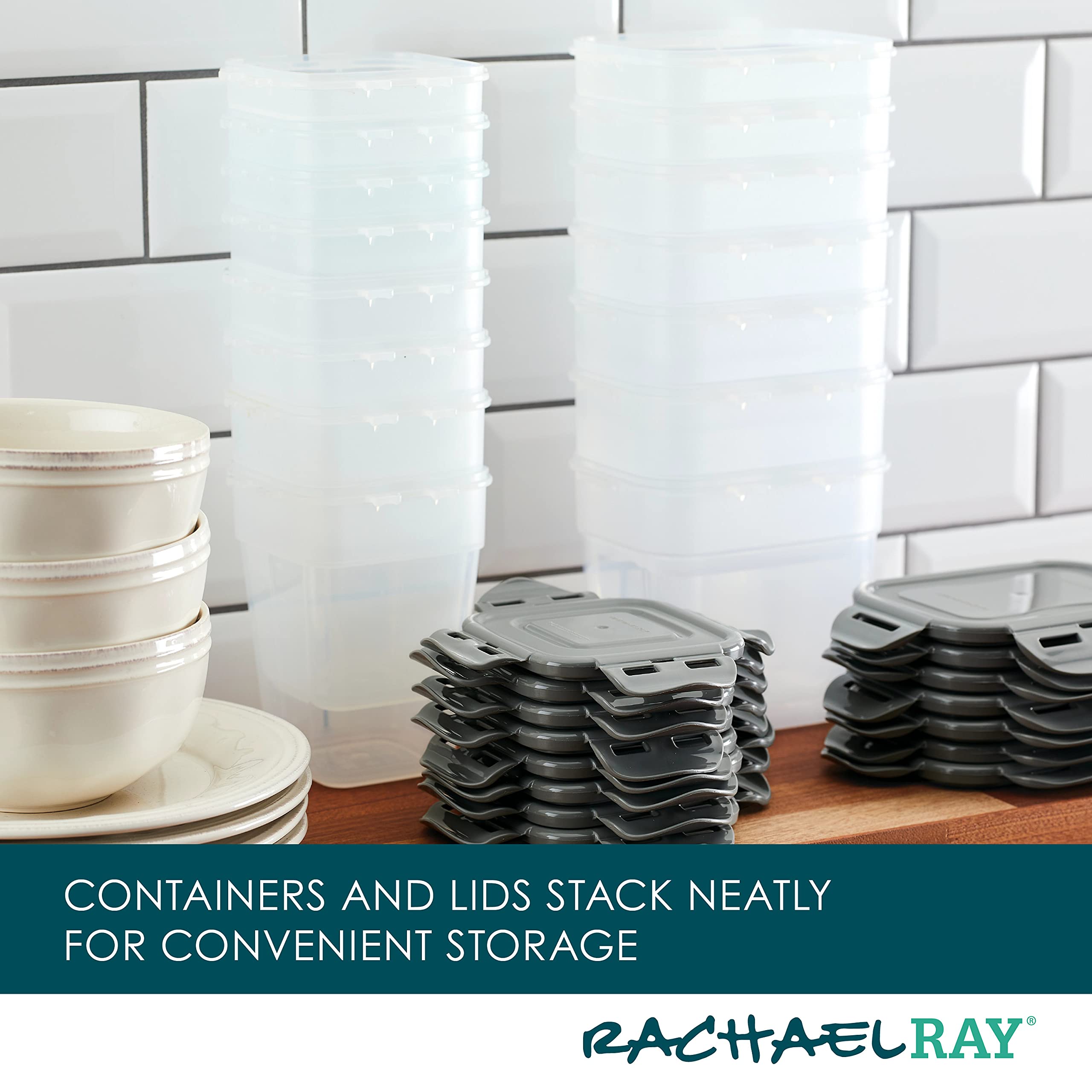Rachael Ray Leak-Proof Stacking Container Food Storage Bin Set, 30-Piece, Clear With Gray Lids
