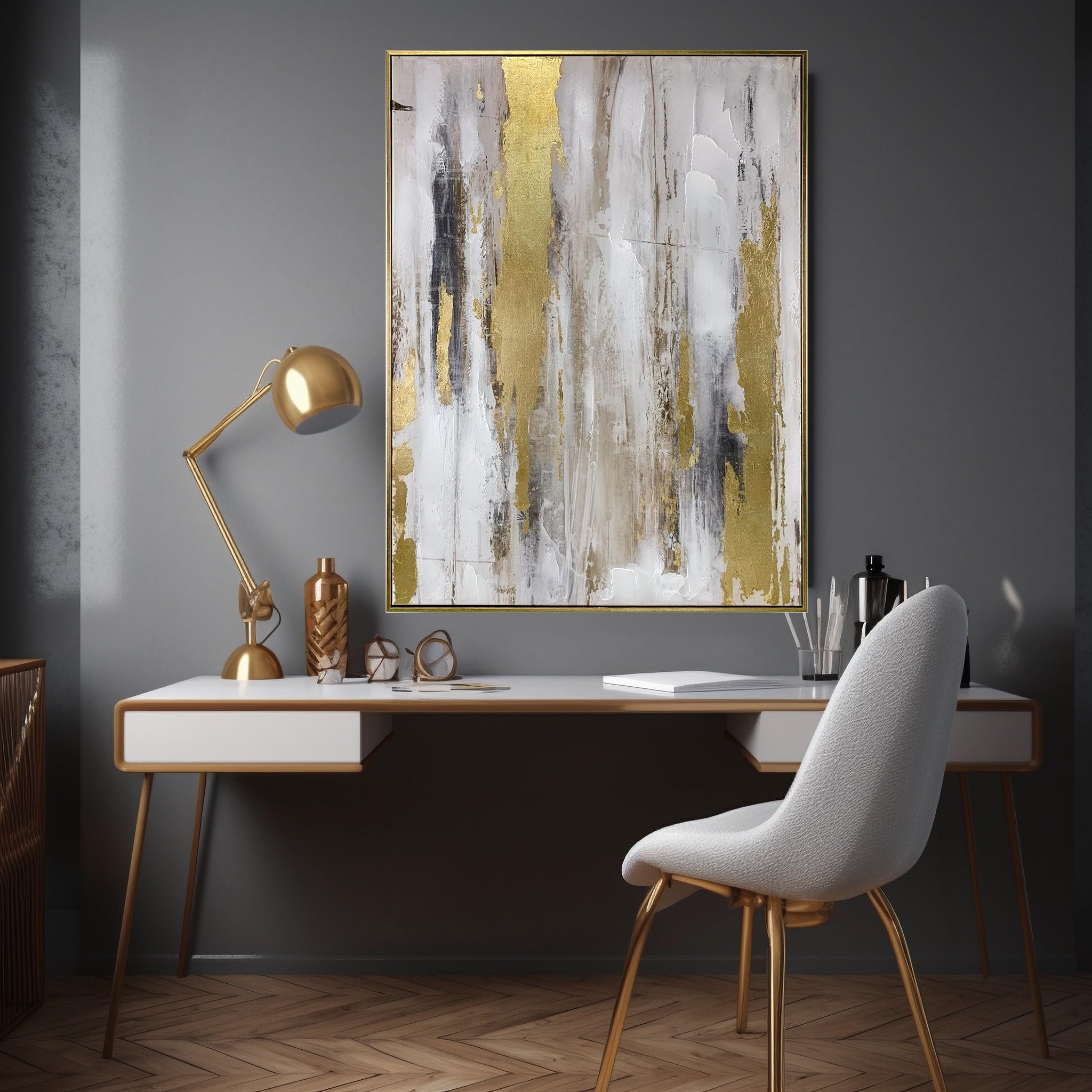 Zessonic Abstract Wall Art With Gold Foil - Gold And Gray Canvas Artwork With Glitter Texture For Modern Style Decor,Framed, Rea