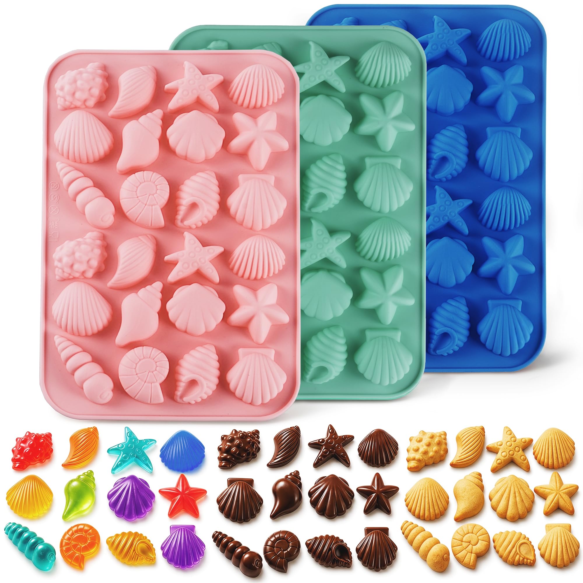 3Pcs Seashell Chocolate Molds, Ocean Themed Cake Baking Molds for Candy Fondant, 24Cavity Silicone Mold for Cookies, Cupcake To
